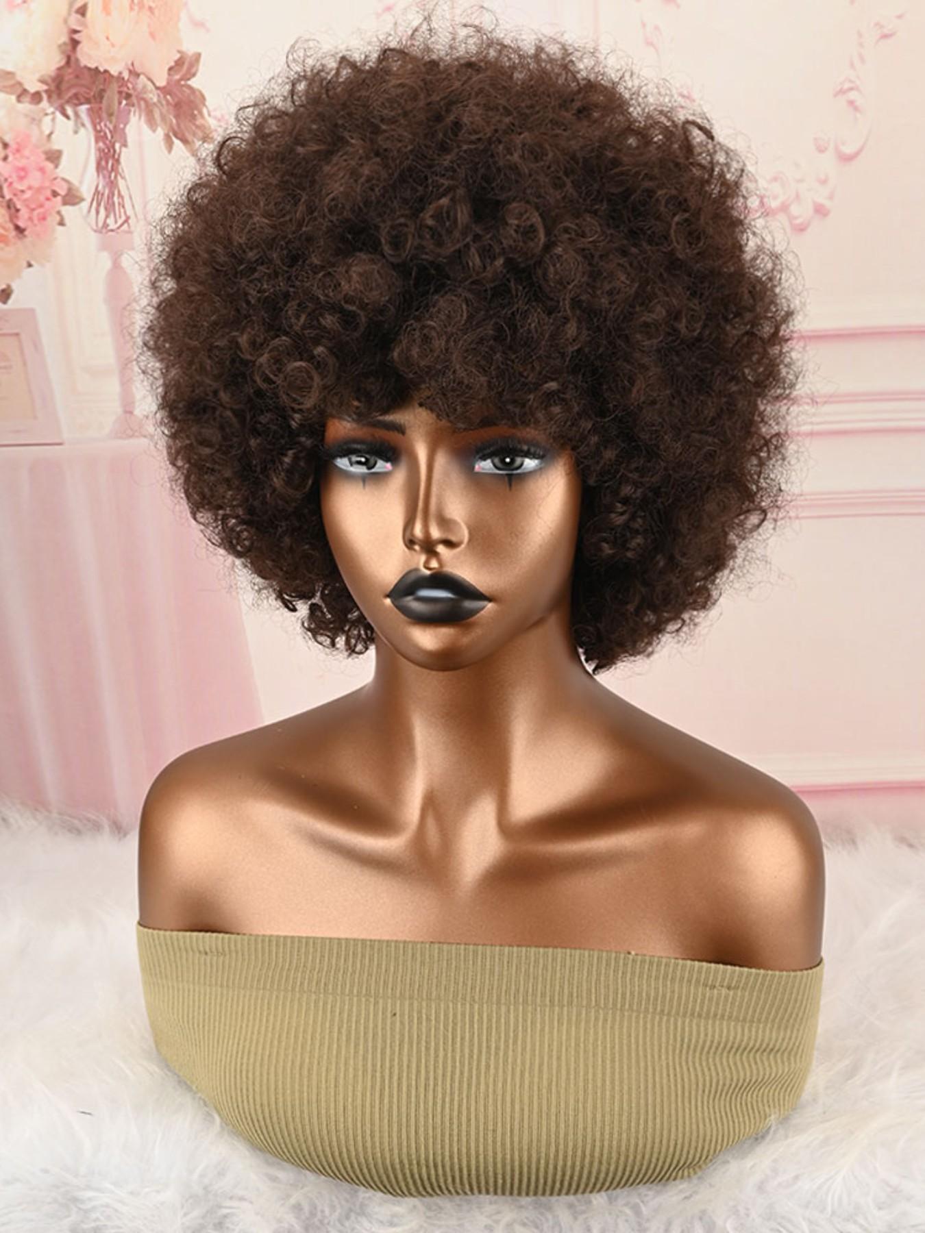 Chocolate Brown Fluffy Afro Synthetic Wig With Bangs High Temperature Fiber Short Kinky Curly Full Wig Retro Style For Women Party Cosplay Photoshoot