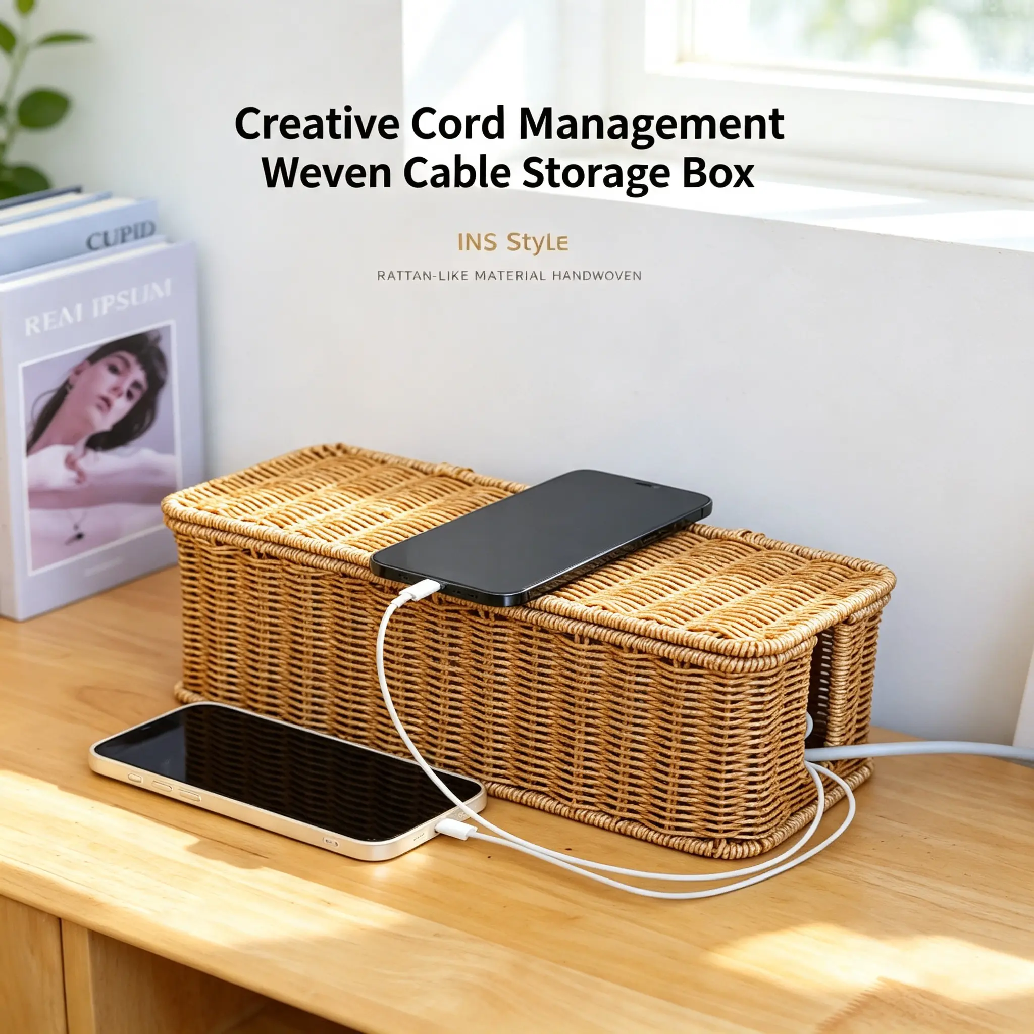 Nordic Rattan Cable Organizer Box - Wicker Power Strip Holder, Home Desk Cord Management Storage Solution for Bedroom