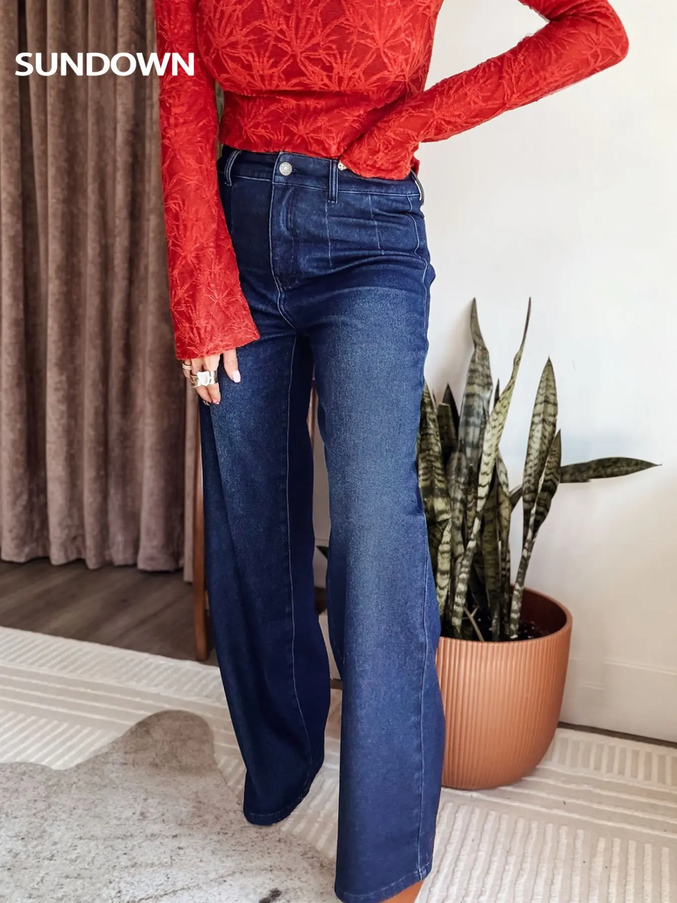 【The Teos - Katrina's Exclusive】SUNDOWN Women's Medium Blue Knitted Denim High Waist Pleated Wide Leg Jeans, Soft Stretchy Loose Floor Length Denim Pants with Pockets, Minimalist Casual Streetwear Daily Commute Office Outfits for Women TChic