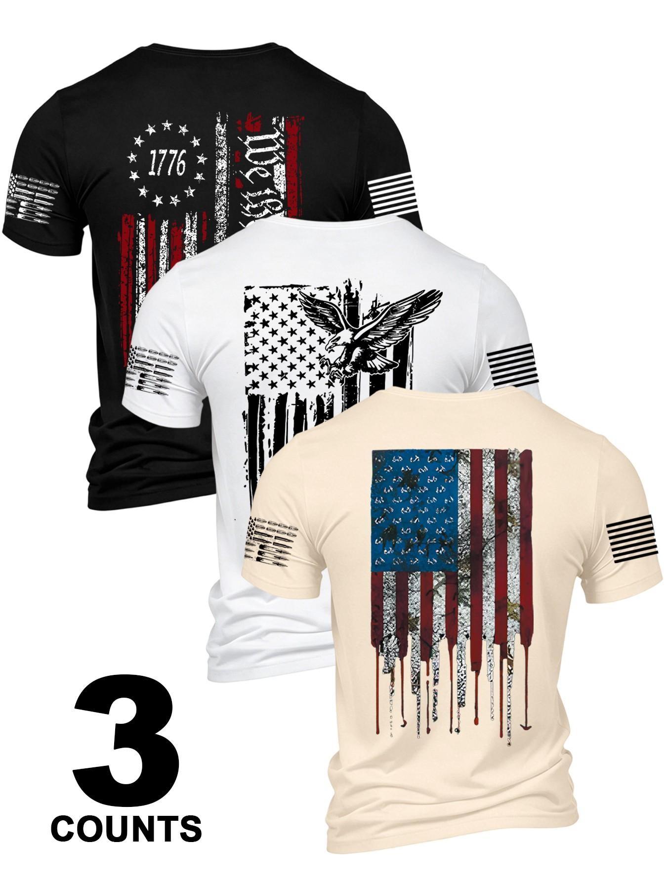 3-Pack American Patriotic Men's Short Sleeve T-Shirts, Casual Sports T Shirt, Comfortable and Durable Daily Wear, Perfect Gift for Him, Sporty Style Tops
