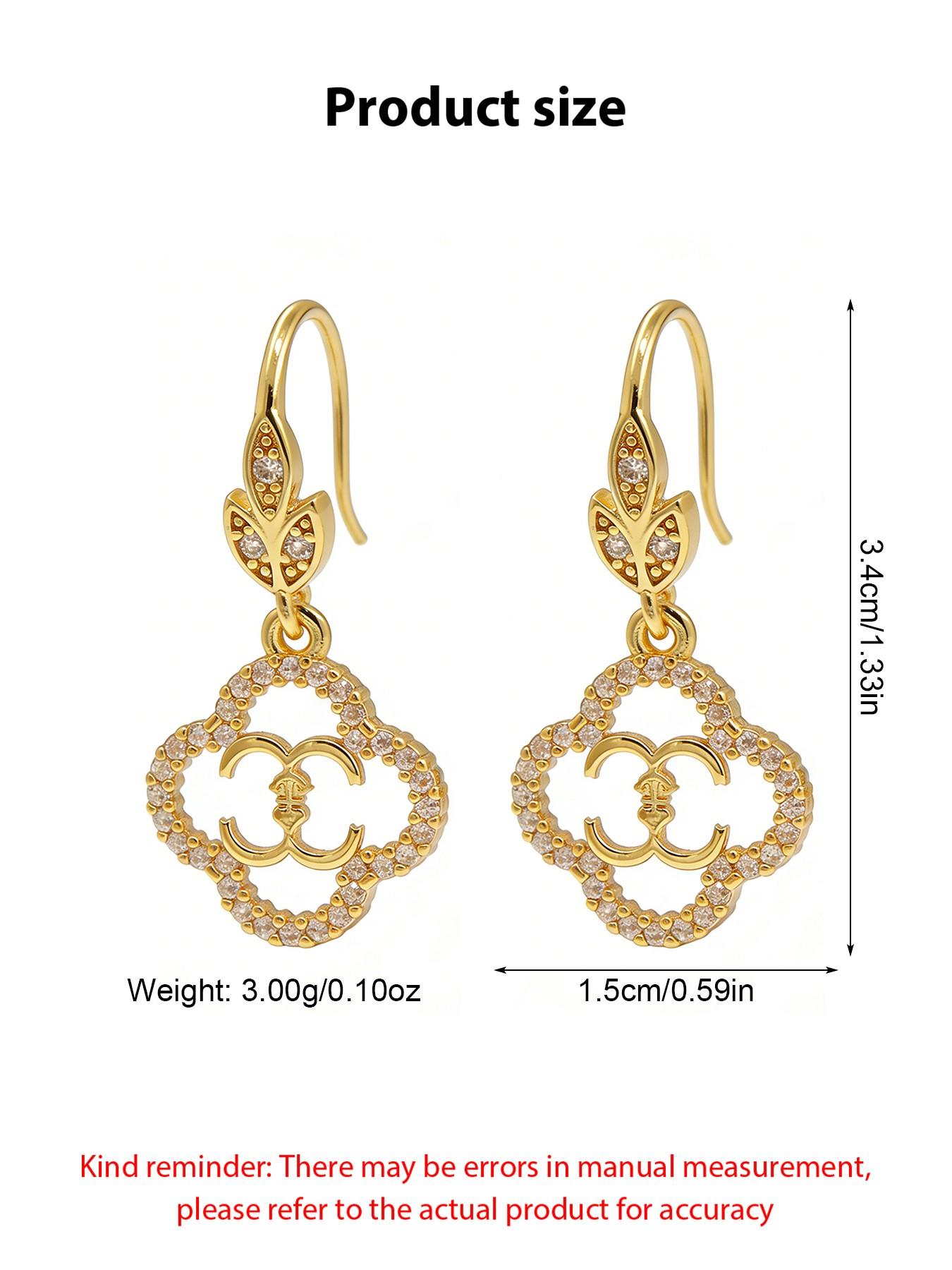 A pair of openwork flower earrings, delicate four-leaf clover earrings, and luxurious copper earrings inlaid with zircon