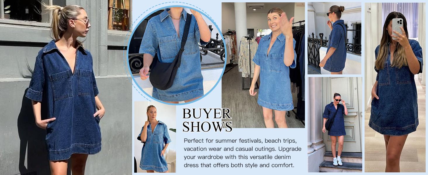FMEYOA Womens Denim Shirt Dress Long Sleeve V Neck Loose Casual Jean Mini Dress with Pockets