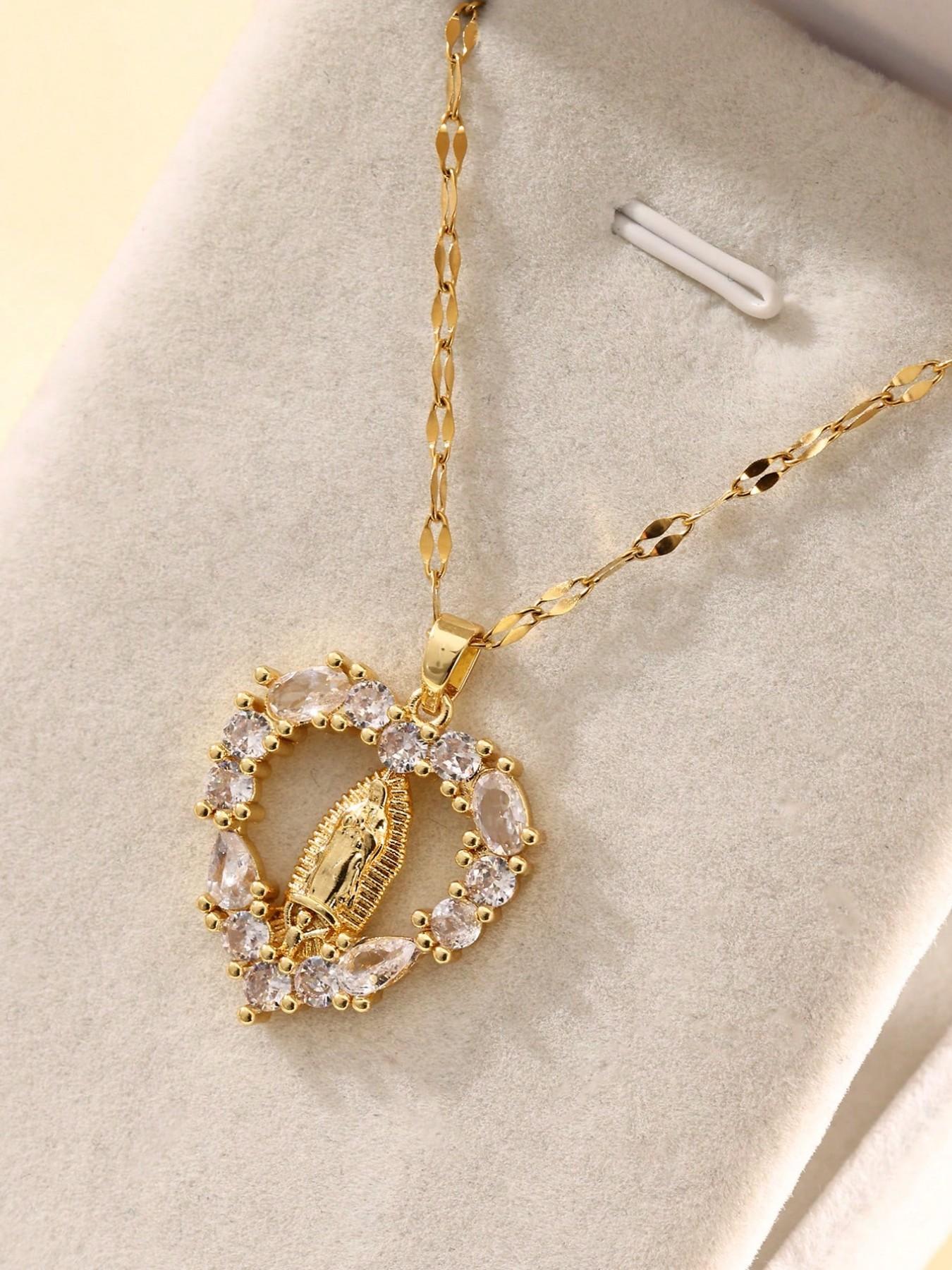 Elegant Virgin Mary Heart Shaped Zircon Pendant Necklace, Fashionable Simple Design for Women, Daily Prayer Versatile Personalized Jewelry, Sentimental Necklaces, Sparkling CZ Necklace, Zirconia Neck Chain