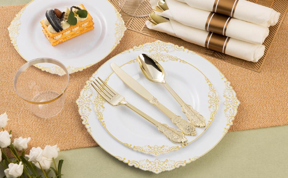 Elegant Gold Plastic Plates for 50 Guests 100 Rim Plates 50 Silverware Sets 50 Napkins Disposable Cups Engagement Tray Ideal for Weddings Parties Christmas Vintage Gold Rim Design Durable and Reliable