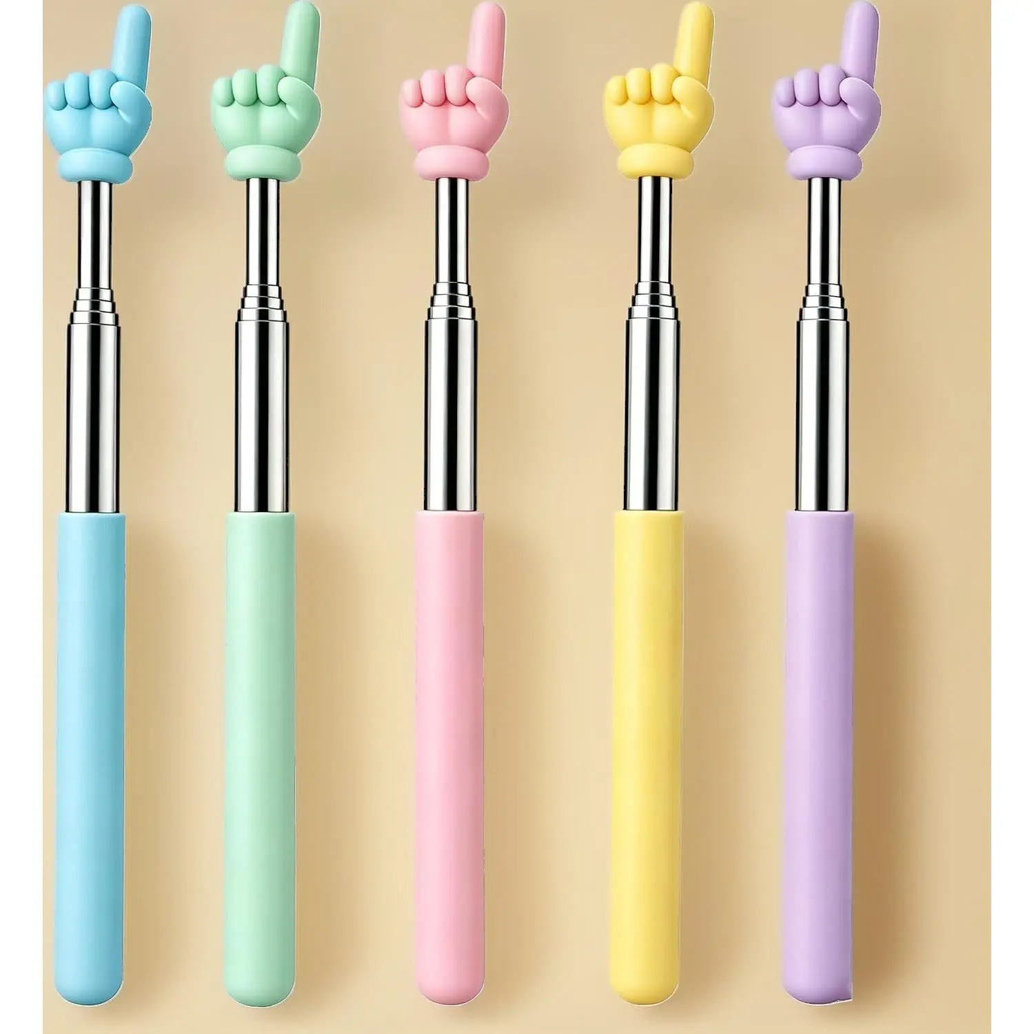 Retractable Teacher Pointer for Classroom Kids Reading, Dumero 5 Pack Soft Touch Extendable Finger Pointer Stick, Collapsible Telescoping Hand Pointer with Silicone Tip & Comfort Grip, 5 Colors