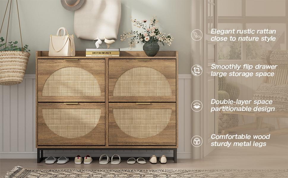 Vabches Large Rattan Shoe Storage Cabinet with 4 Flip Drawers Freestanding Organizer for Entryway Hidden Silver Handles Narrow Rack Cabinet Geometric Aesthetic Hand-Woven Rattan Craftsmanship