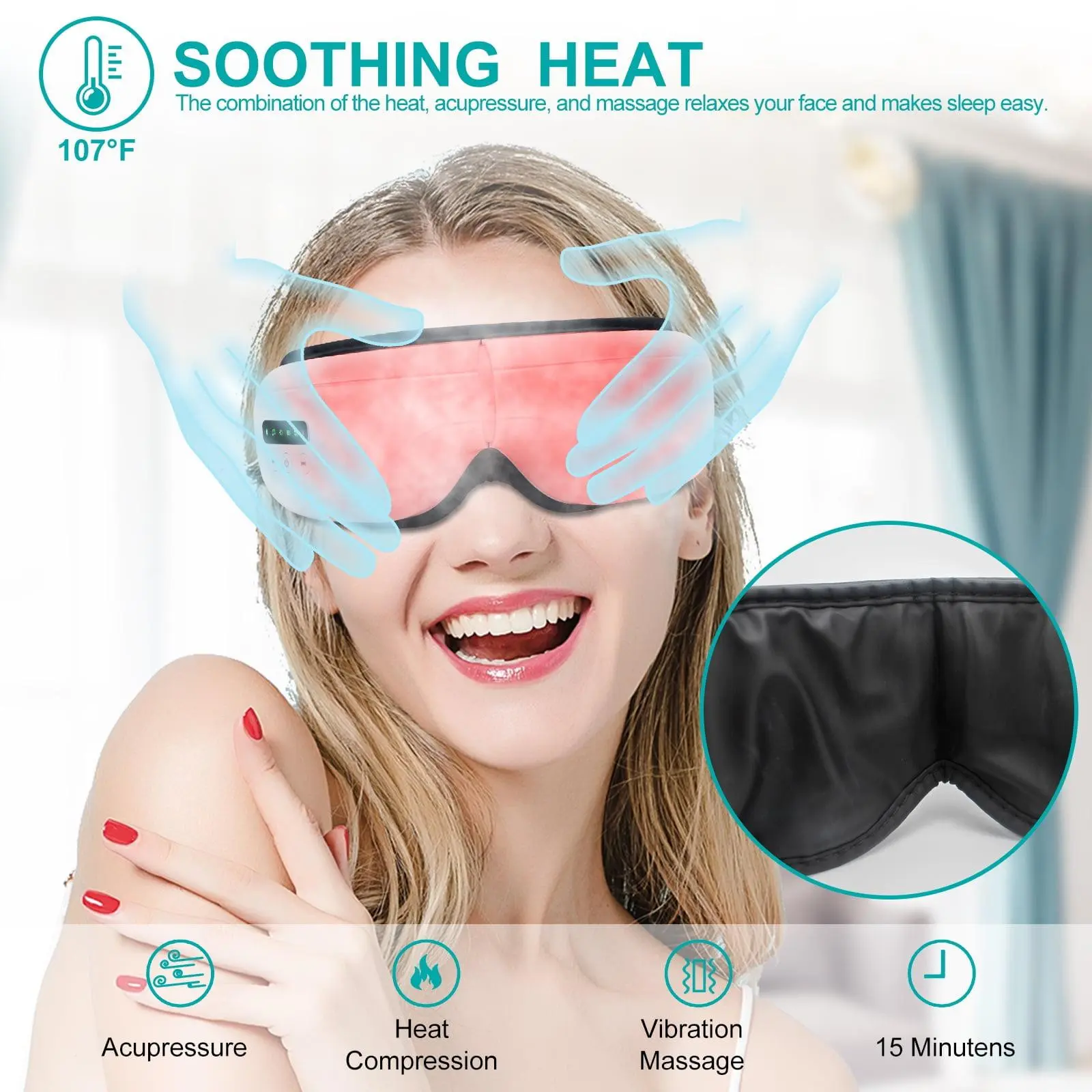 Eye massager with heating function and soothing music; Bluetooth-enabled; relieves eye fatigue and dry eyes; portable eye care device featuring vibration, heat therapy, air pressure, and Bluetooth music playback