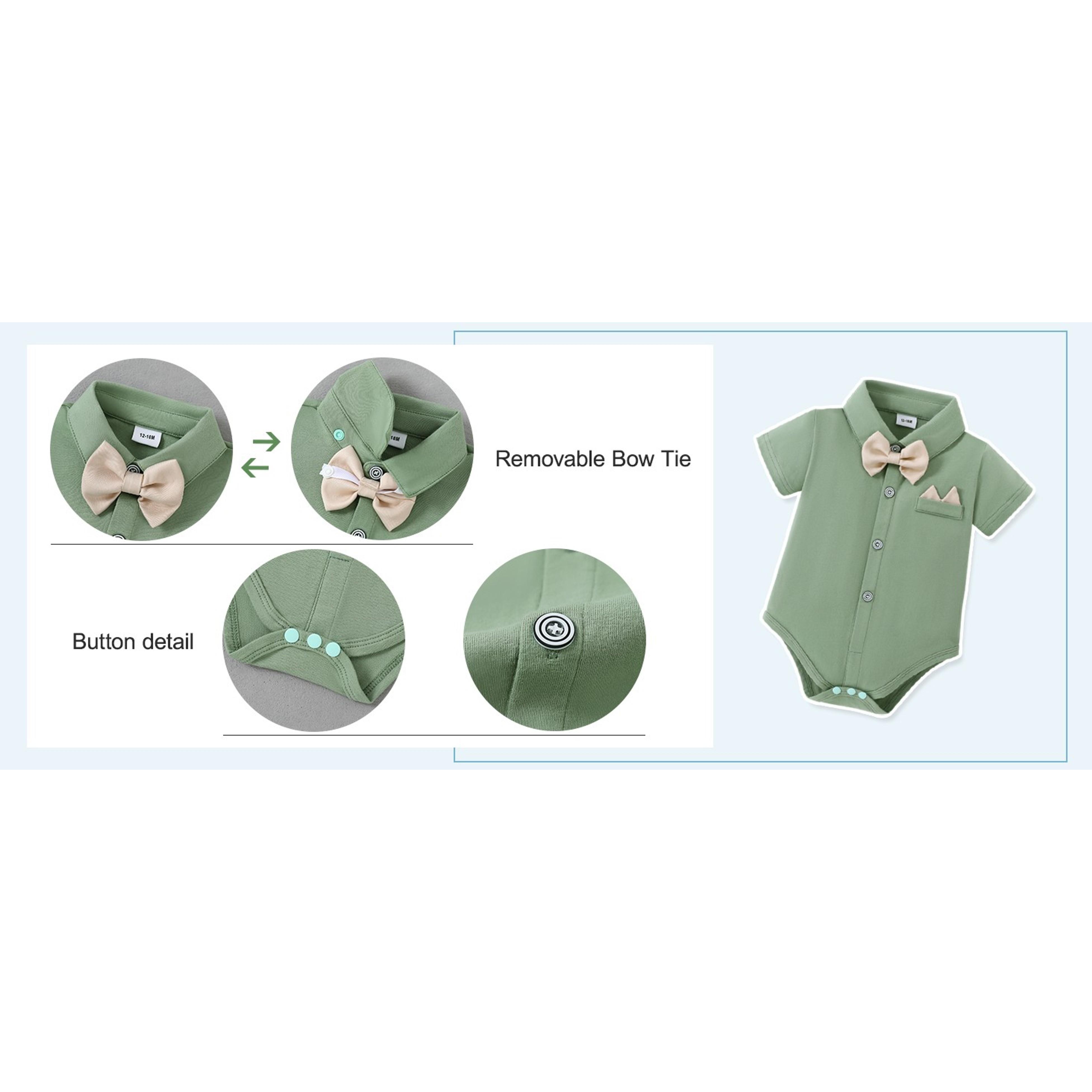 Baby Boy Gentleman Outfit Set Newborn Infant Formal Wear 0-24 Months 4-Piece Cotton Blend Short Sleeve Shirt with Beret Hat Suspenders Pants Bowtie Button Closure Sizes 0-3, 3-6, 6-12, 12-18, 18-24 MonthsGift
