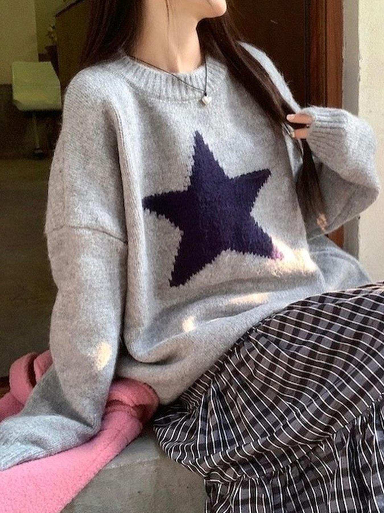 Daily Casual Commute Star Pattern Loose Long Sleeve Elegant Round Neck Lightweight Knit Sweater, Women's Fall & Winter Fashion, Comfortable Daily Wear