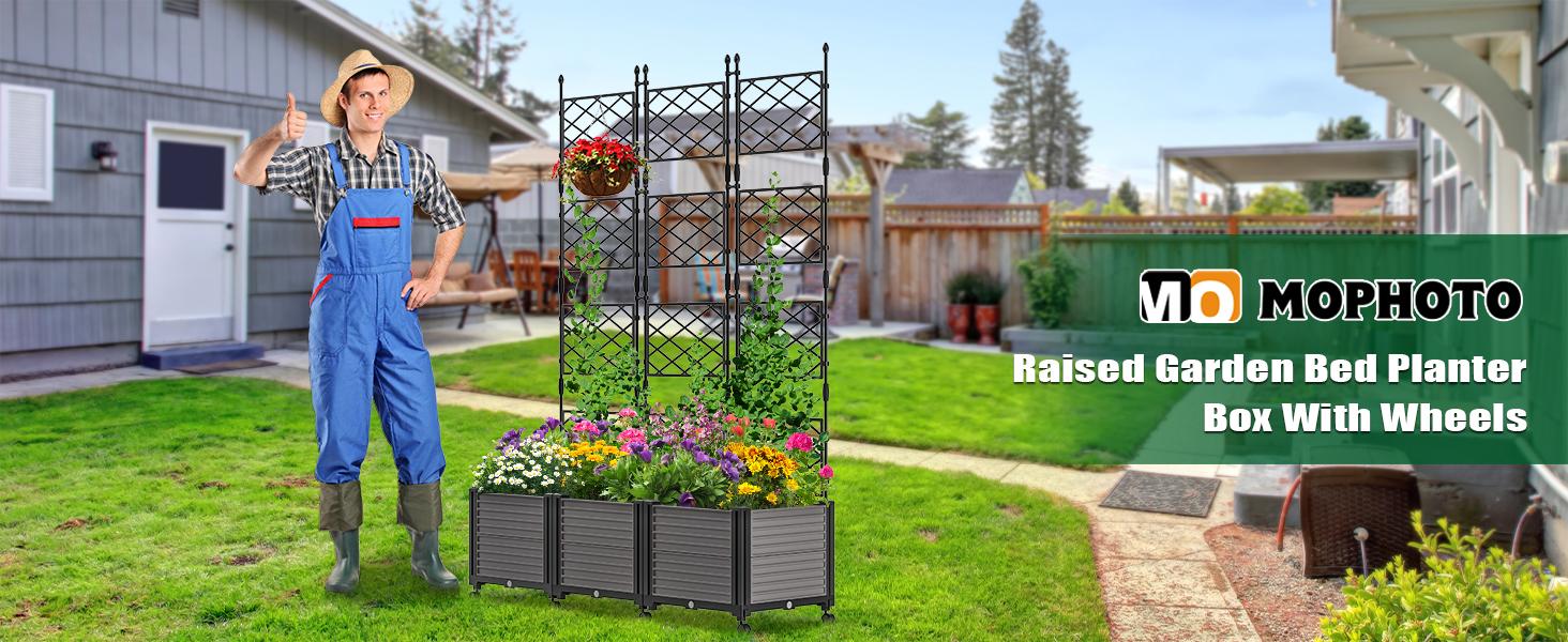 MOPHOTO Raised Garden Bed with Trellis & Wheels, Planter Box Privacy Screen Free-Standing Trellis for Vine Climbing Plants Flowers in Garden Patio Balcony