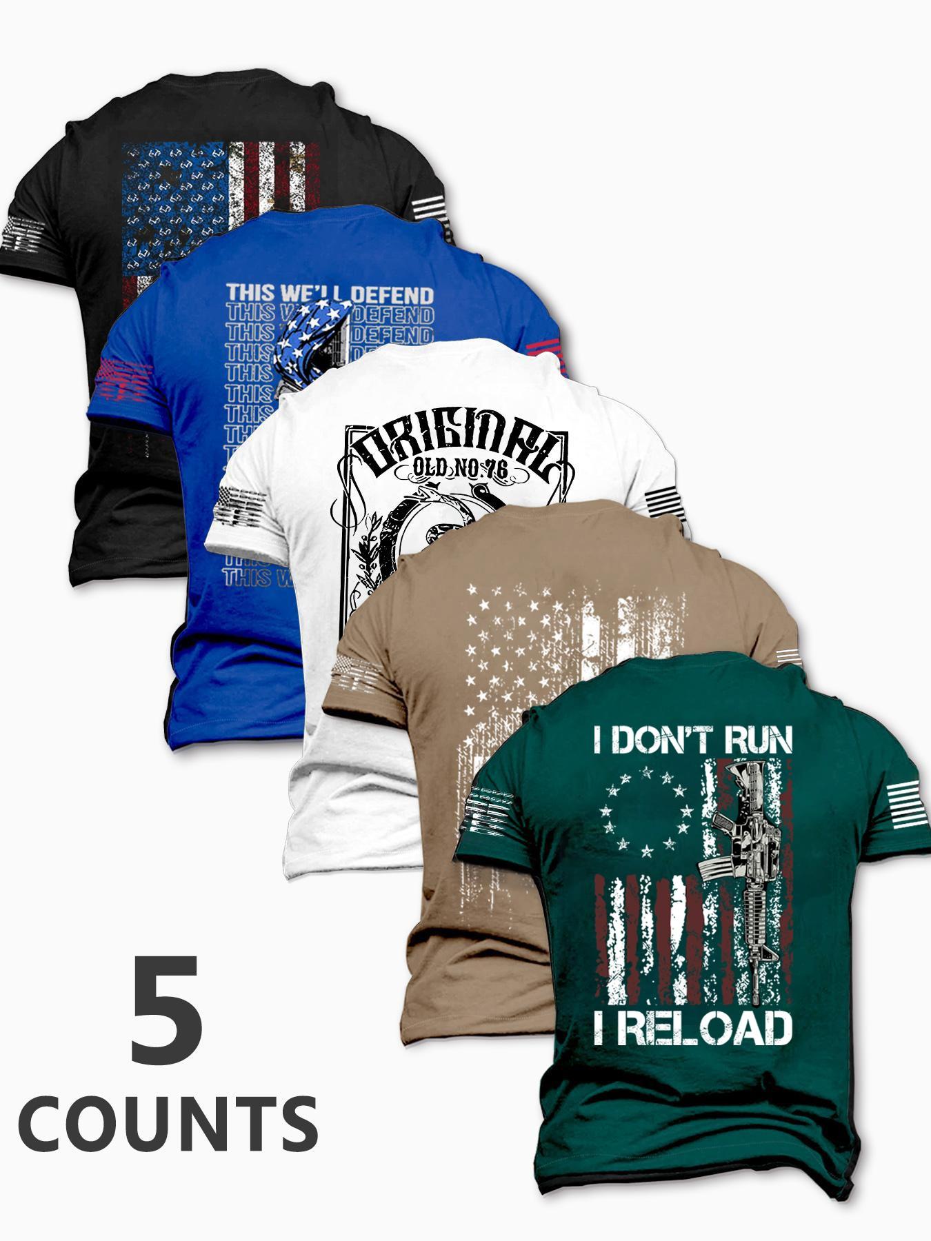 Men's Fashion Stylish Classic Round Neck Casual Short Sleeve T-Shirt, Summer Comfortable Flag Print Outdoor Tee, 5 Pack Set, Perfect for Boyfriend Daily Wear, Menswear