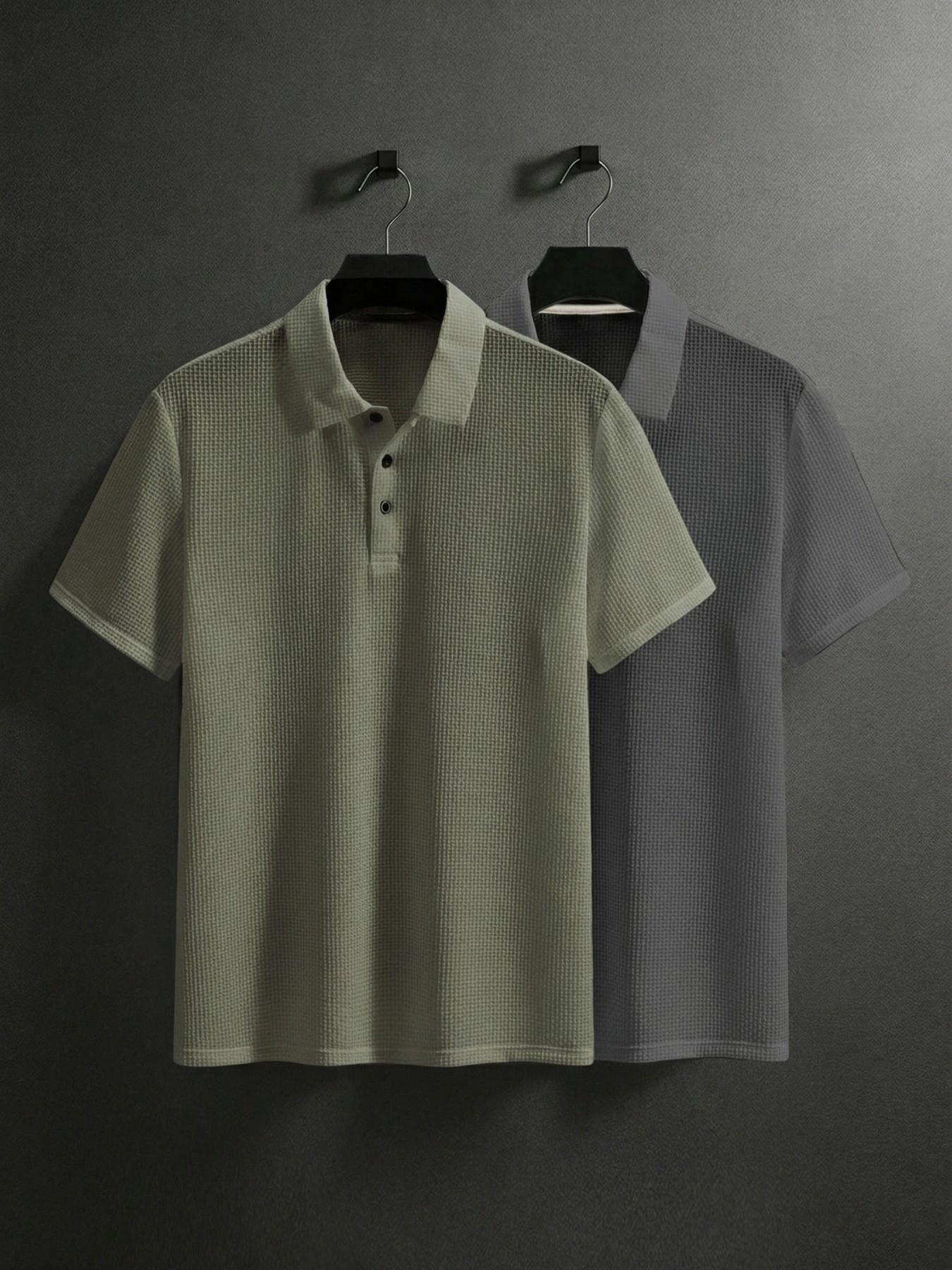 "Men's Waffle Knit Short Sleeve Polo Shirts, 2 Pack Breathable Casual Golf Tops, Soft Comfy Button Down Collared Tees for Daily Wear and Business Casual"