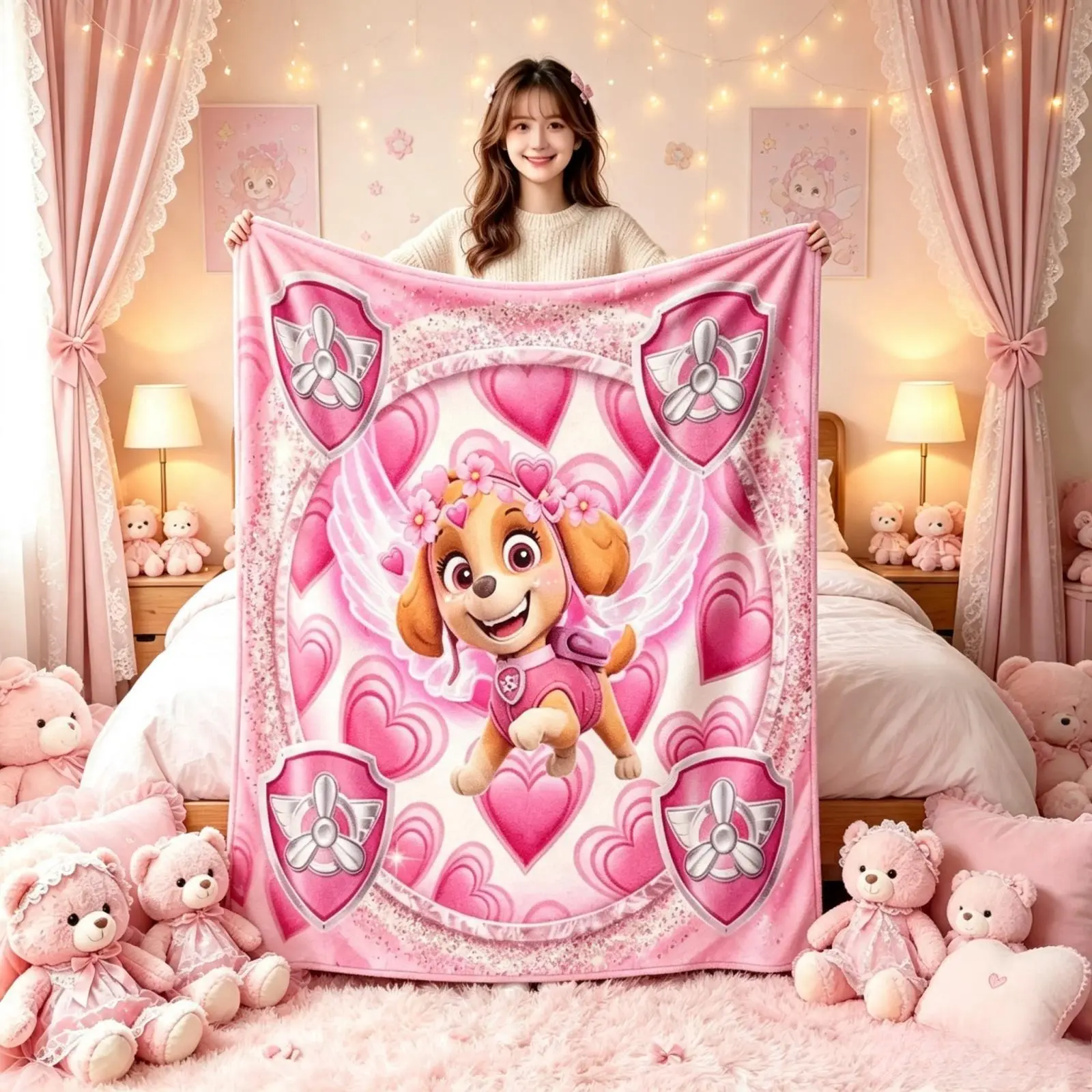Paw Patrol Skye Pink Heart Pattern Flannel Throw Blanket, Ultra Soft Microfiber All Season Lightweight Plush Blanket for Sofa Camping Travel, Cute Girls Bedroom Decor Perfect Birthday Christmas Holiday Kids Gift TikTok Viral Amazon Must Have