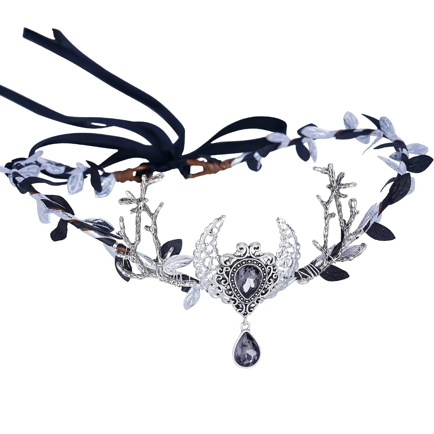 Handmade Silver Moon Crown Fairy Headpiece, Woodland Elf Circlet, Dark Forest Tiara for Witch Women’s Renaissance Faire, Halloween Cosplay