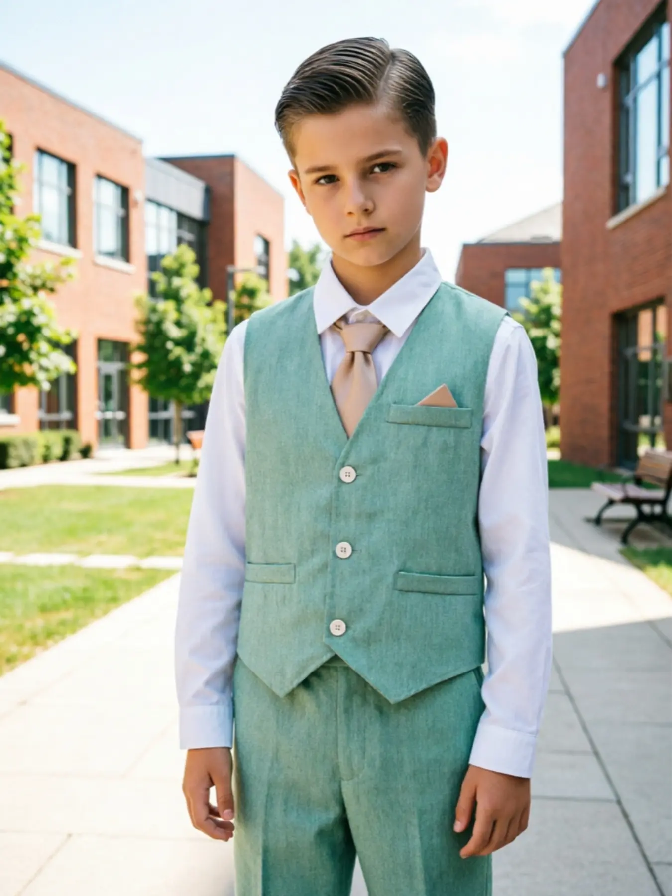 Big Boys Summer Formal Suit 3 Piece Mint Green Lightweight Vest Pants Tie Breathable Tween School Picture Day Junior Groomsman Pastel Trend Baptism Outfit