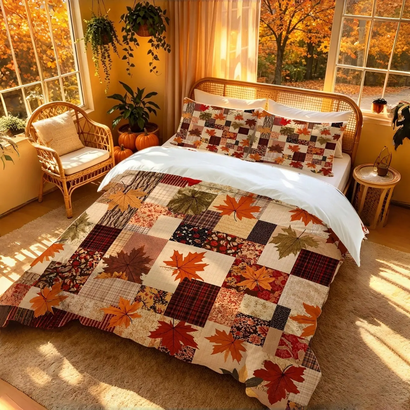 Three-Piece Autumn Maple Leaf Patchwork Duvet Cover Set, Vintage Plaid Quilted Bedding, Rural Style, All-Season, Ideal for Hotels