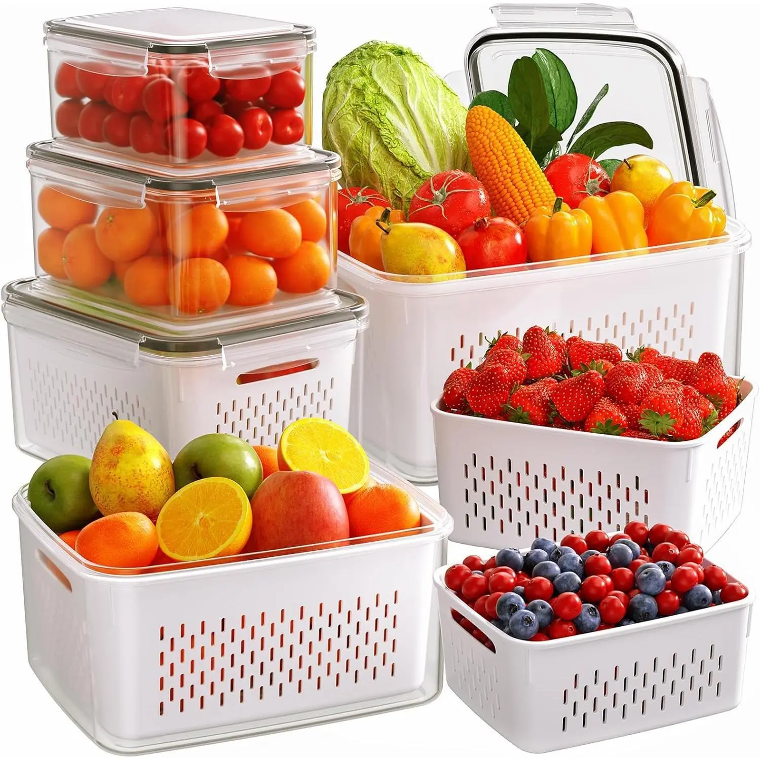 Durable 6-Pack Plastic Airtight Food Storage Containers for Kitchen - 4-in-1 Stackable Leak-Proof Bins with Removable Colanders & Lids, Silicone BPA-Free Double-Layered Keepers for Students, Workers, Maintains Freshness