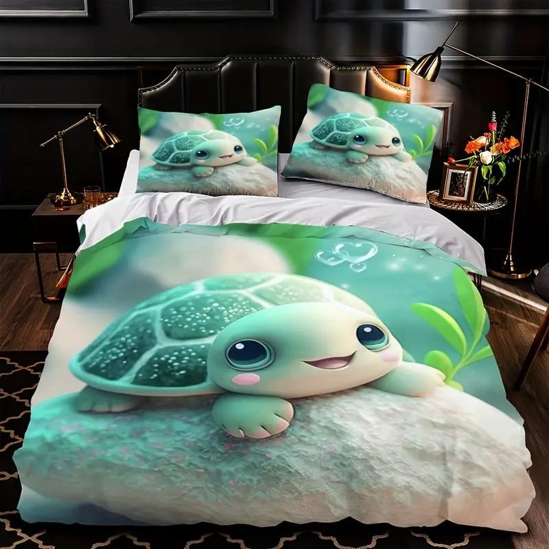 3pcs Turtle Pattern Bedding Set, Soft Polyester Fitted Sheet & Pillowcases, Modern Style, Digital Print, Ideal Gift, Soft Bedding Sets