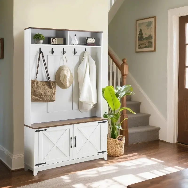 5-in-1 Entryway Hall Tree with Bench & Shoe Storage, White Mudroom Coat Rack with Hooks and Cabinet, Reinforced Metal Feet Entryway Organizer for Shoes, Coats and Bags