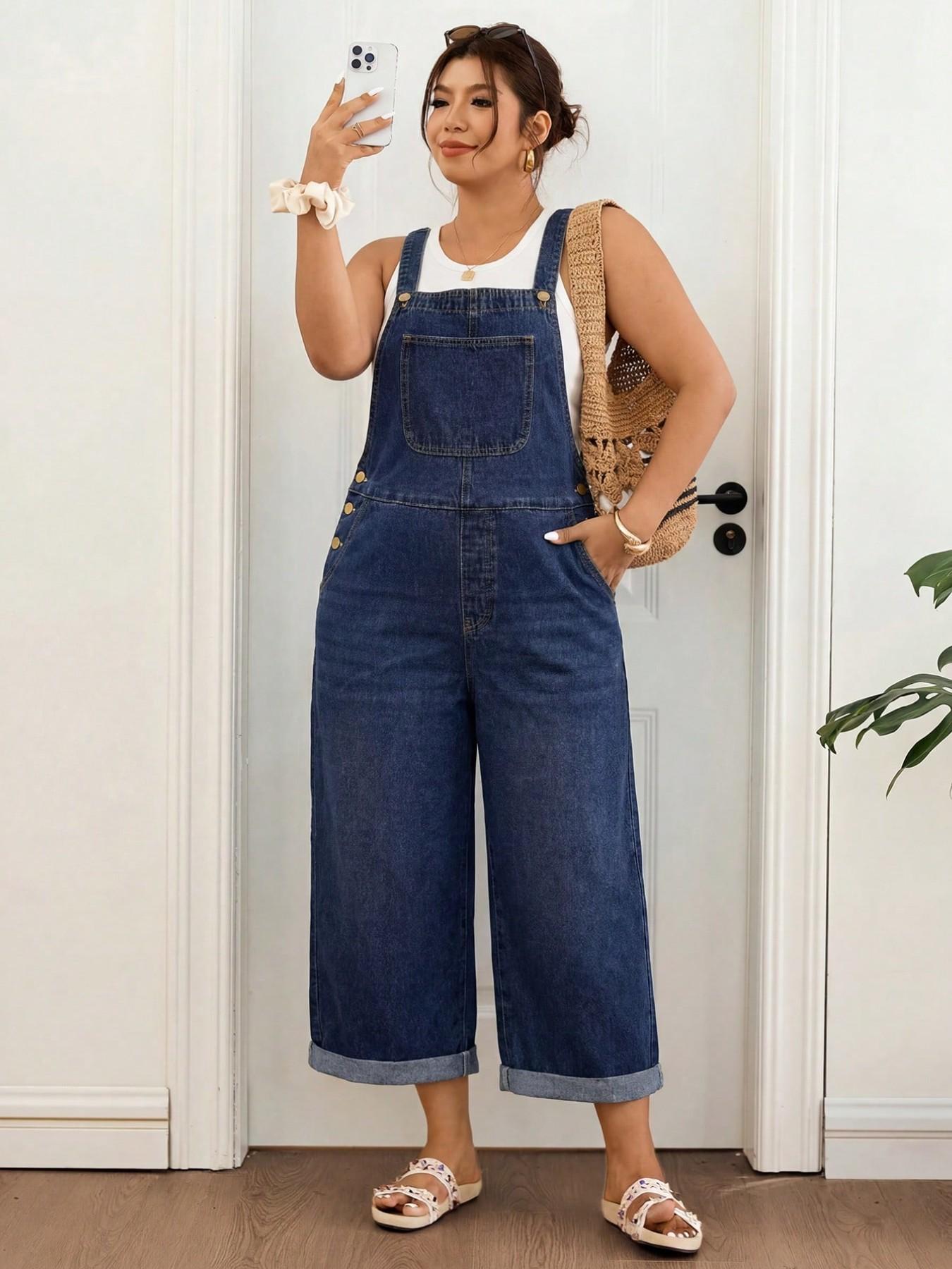Plus Size Dark Wash Denim Capri Overalls, Side Button Detail Cuffed Raw Hem Loose Wide Leg Cropped Jumpsuit,Summer,Fall,Halloween,Back To School,Beach,Casual