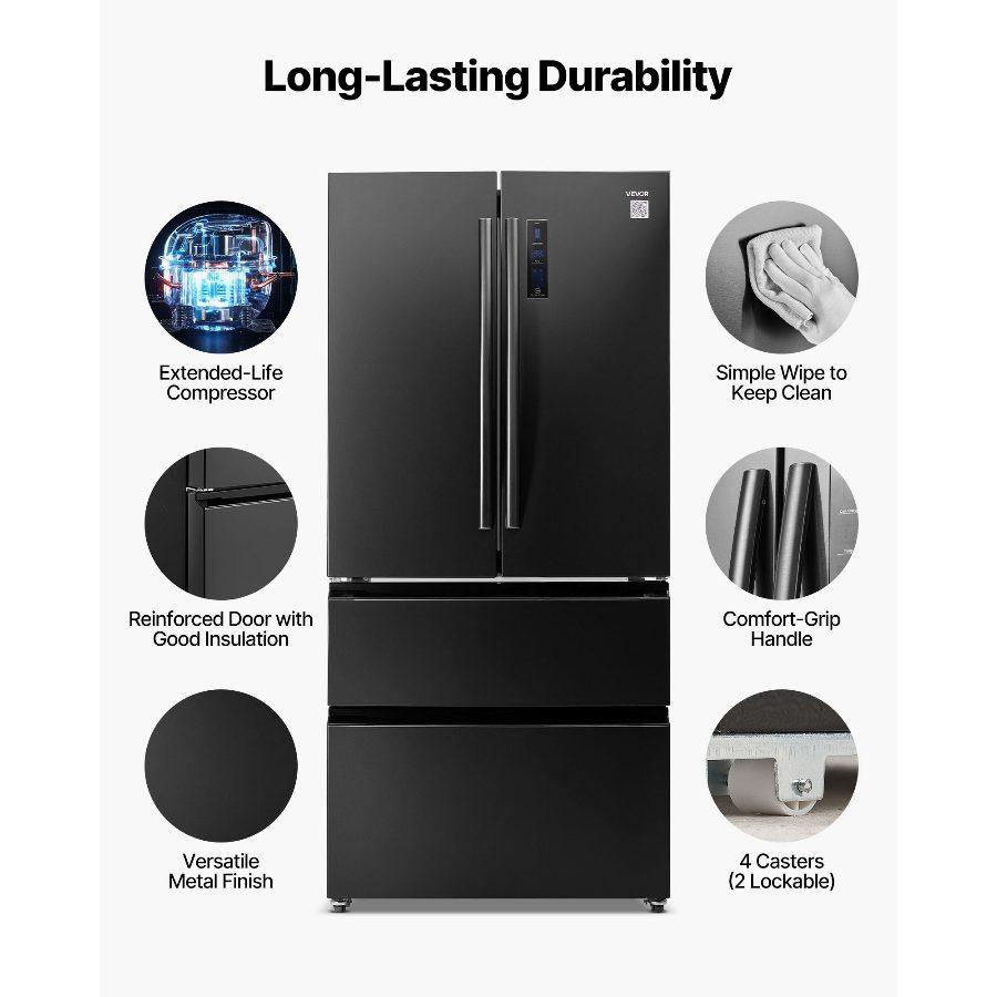 VEVOR Full-Sized French Door Refrigerator, 18.9 Cu. Ft. Counter Depth No Frost Freezer-On-Bottom Fridge, LED Display, 4 Casters, Black for Home Use