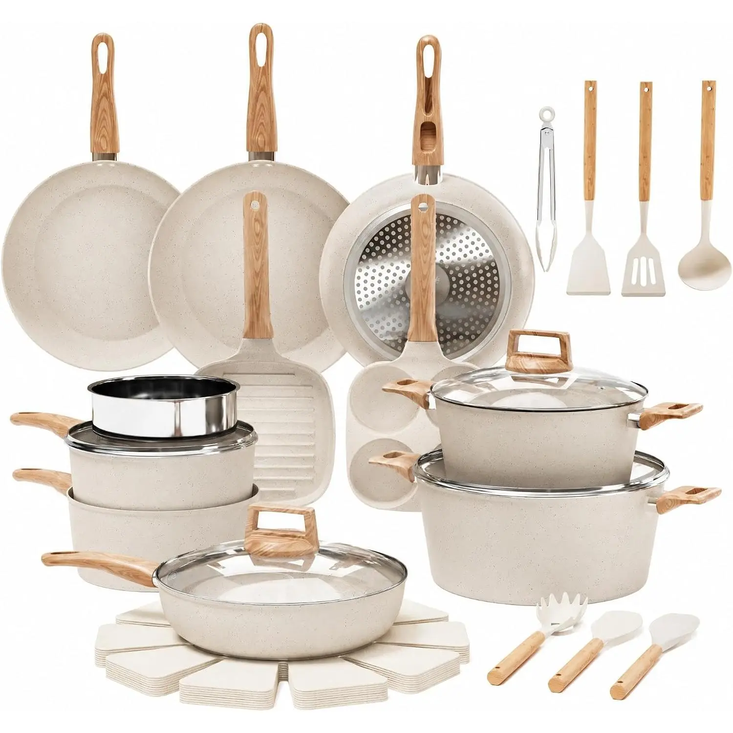 31 Piece Non-Stick Pots and Pans Set Ceramic Cookware, Frying Pans, Sauté Pan, Saucepan, Stockpot, Steamer, Grill Pan, Eggpan, Compatible with Gas, Induction, Cream White/Black