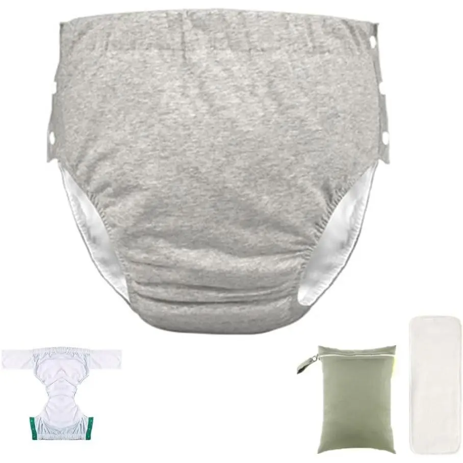 Unisex Reusable Adjustable Waterproof Adult Cloth Diapers with Inserts, Anti-Side Leakage Incontinence Pocket Diaper Pants with Snaps, Reusable Incontinence Underwear, Grey XXL