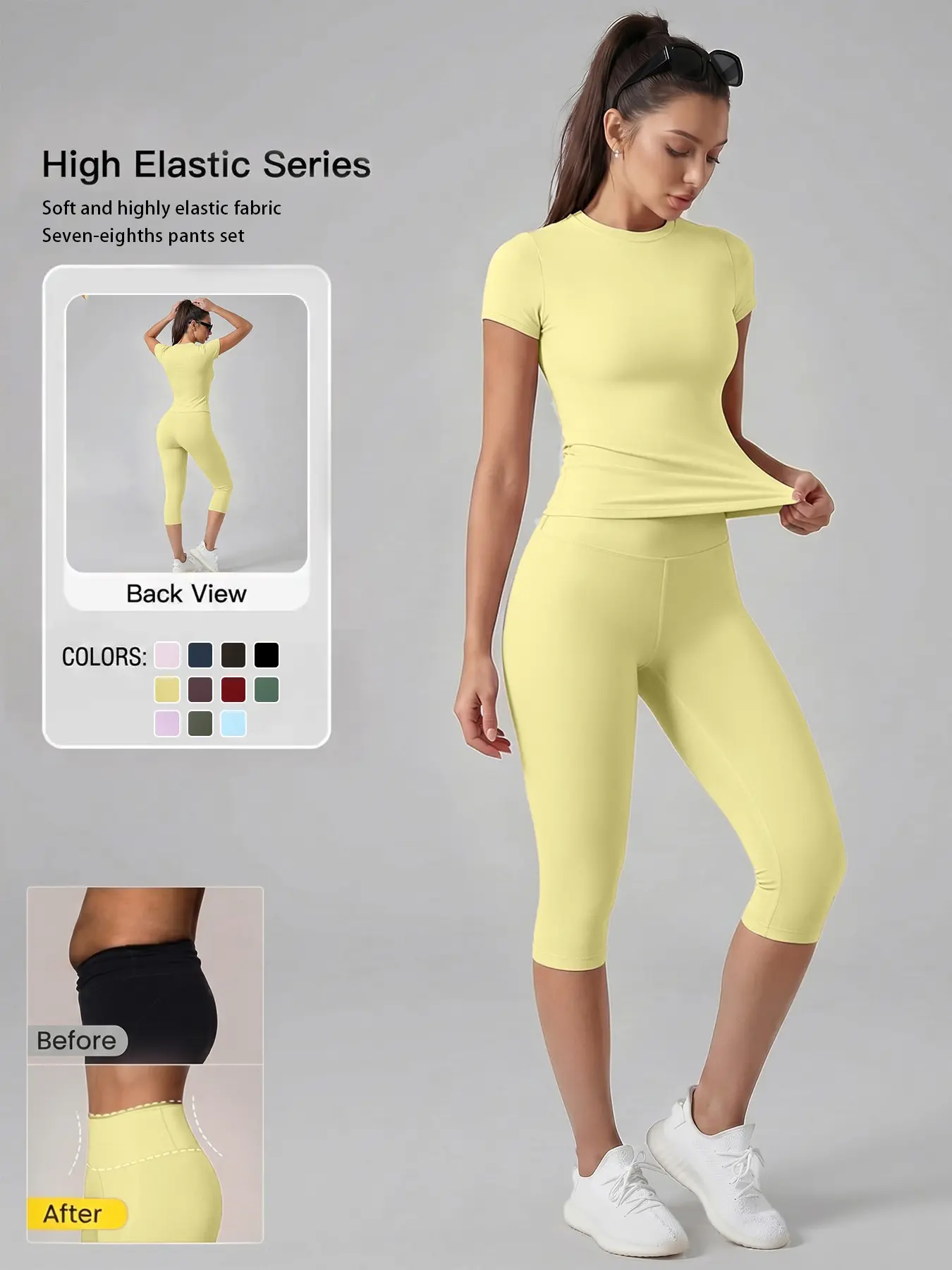 Women's 2-Piece Plain Suit, Sporty High-Waist Short Sleeve Top & Seven-Quarter Pants, Quick-Dry Yoga Fitness Set, All Seasons Comfortable Wear