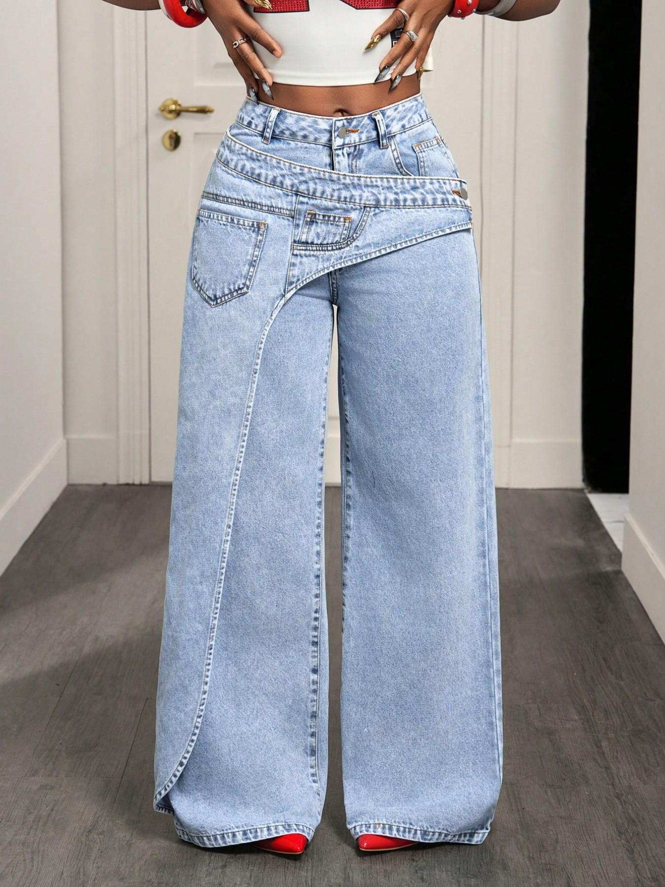 Women's Casual Denim Long Pants, Elegant Plain Pattern, Loose-Fitting, All-Season Fashion, Trendy Asymmetrical Design