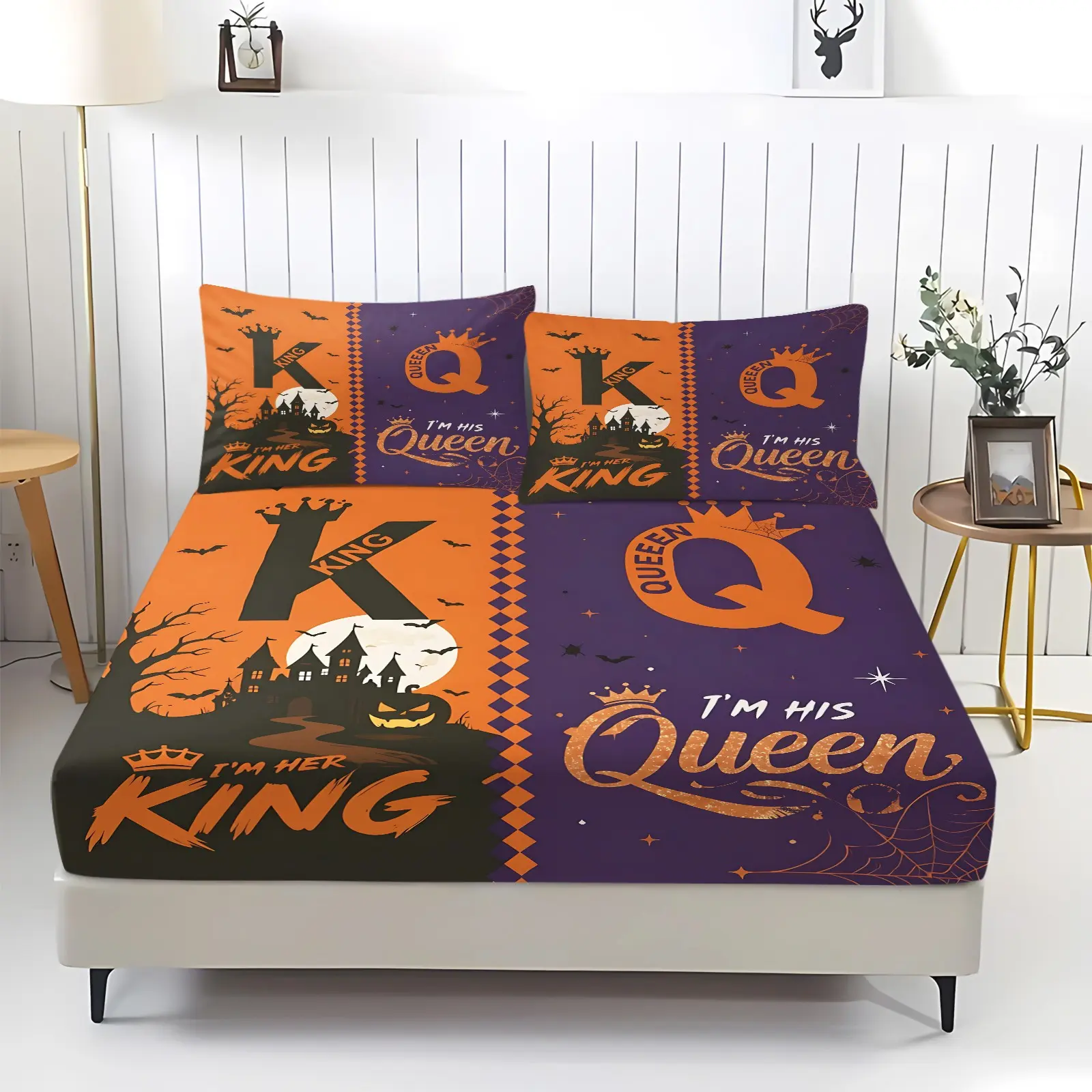 3pcs Halloween King & Queen Themed Fitted Sheet Set – Includes 1 Fitted Sheet And 2 Pillow Shams; Features Castle And Jack-O'-Lantern Prints; Made From Soft Microfiber Fabric With Deep Pockets; Ideal For Festive Bedroom DéCor; Suitable For All Seasons.