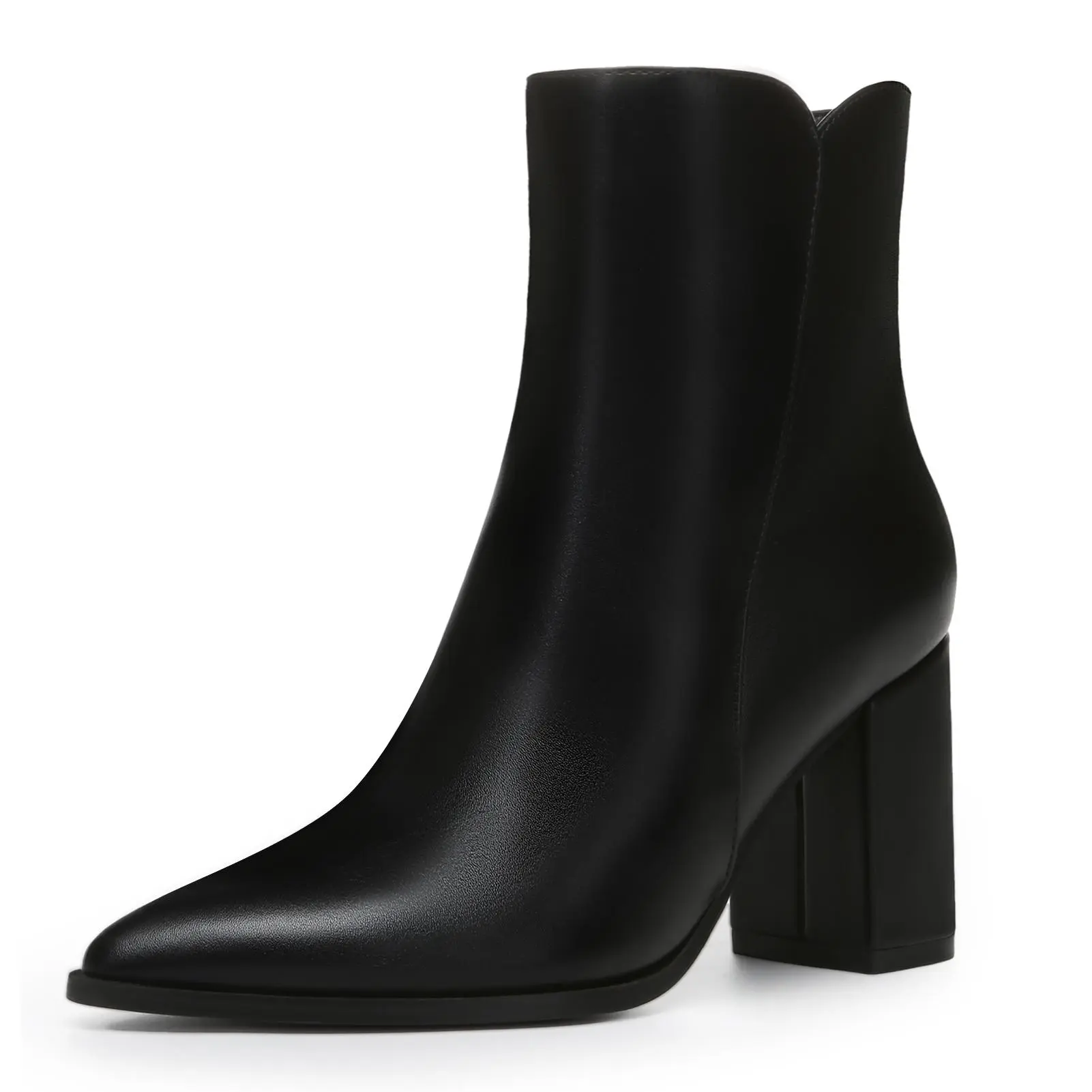 Athlefit Women's Pointed Toe Chunky Block Heel PU Goat Skin Basic Casual Ankle Boots - Side Zipper Short Booties, Spring Fashion Shoes, Back to School Footwear