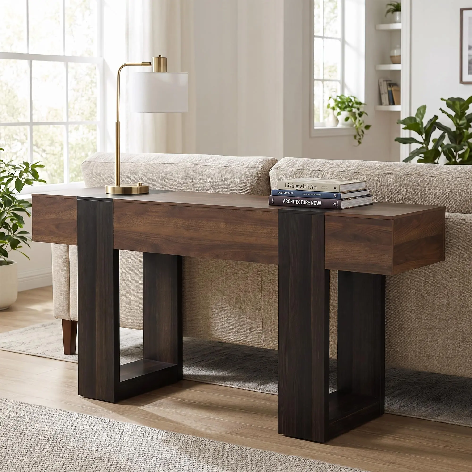 63" Two-Tone Farmhouse Console Table with U-Shaped Base – Walnut & Dark Brown Entryway Table with Lower Shelf, 2-Tier Rustic Sofa Table for Living Room, Hallway, Entryway