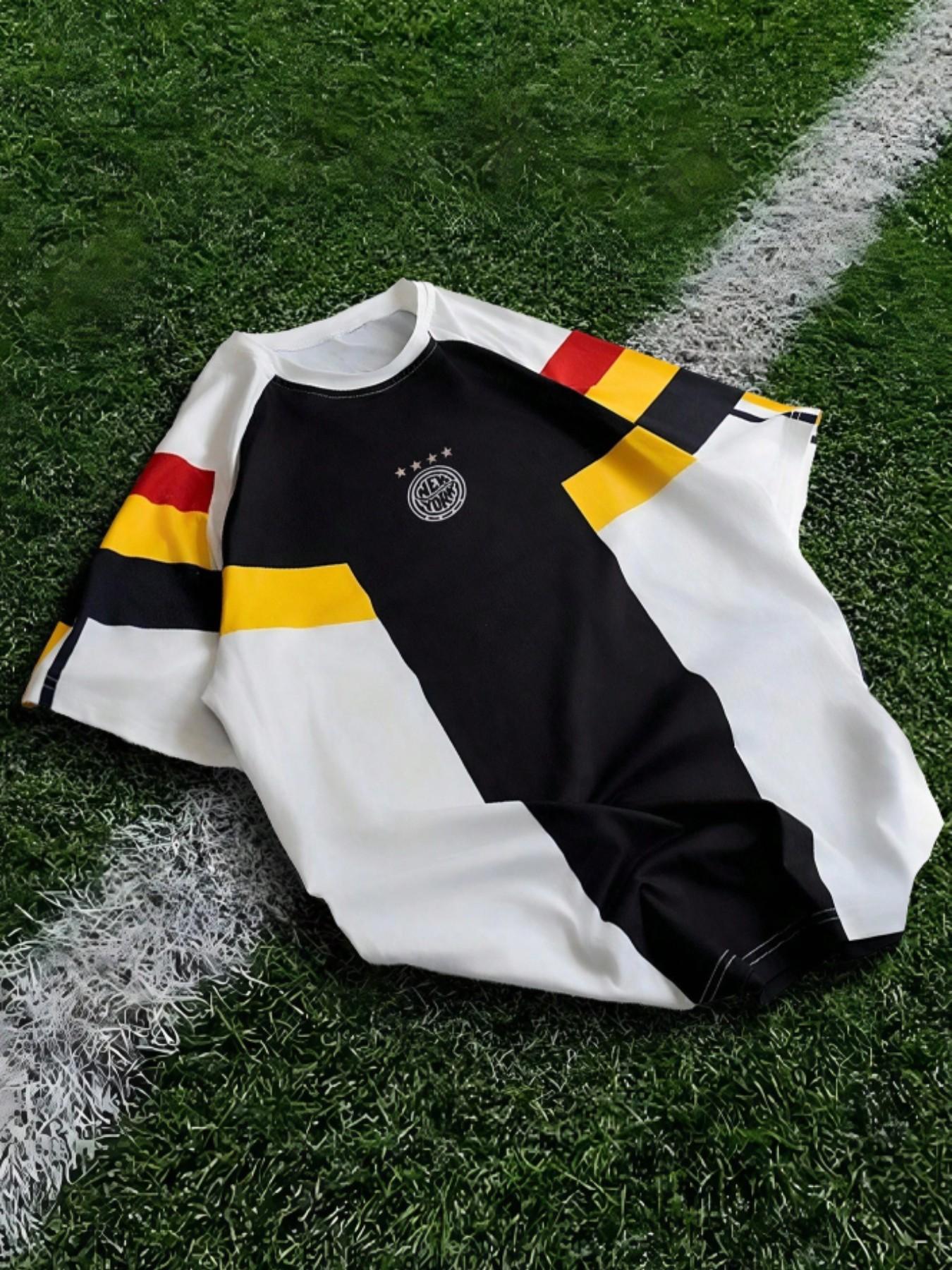 Y2K Street Color Block T-shirt | Black, White, Yellow, and Red Contrast Design, Retro Sports Color Block T-shirt with New York City Logo, Men's Casual Loose Version, Trendy Hip Hop Soccer Team Uniform Aesthetics, Daily Street Dressing