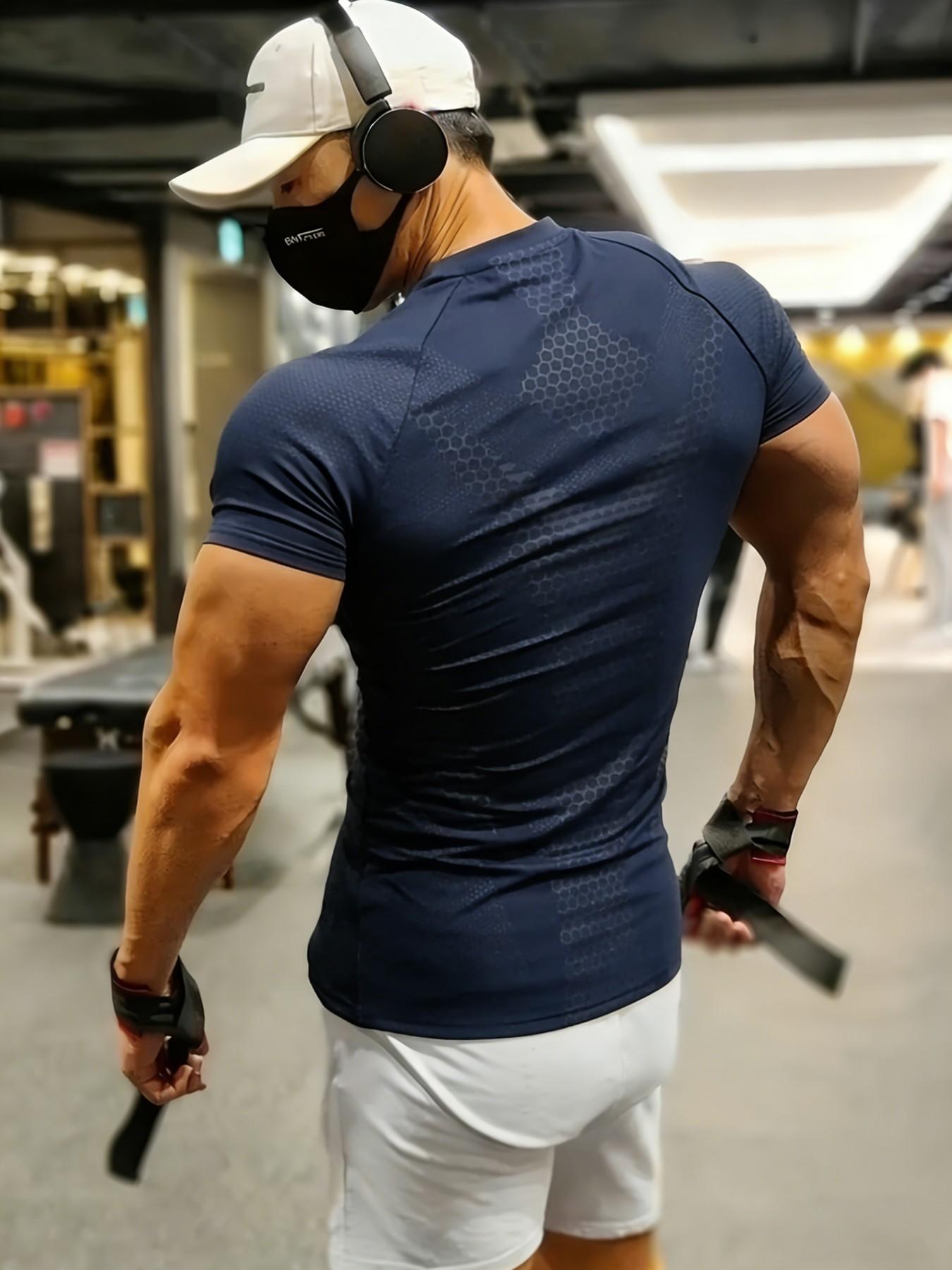 Men's Honeycomb Patchwork Quick-Dry Tight-Fit Shirt, Moisture-Wicking, Breathable, Gym Training Muscle-Defining T-Shirt, All Seasons