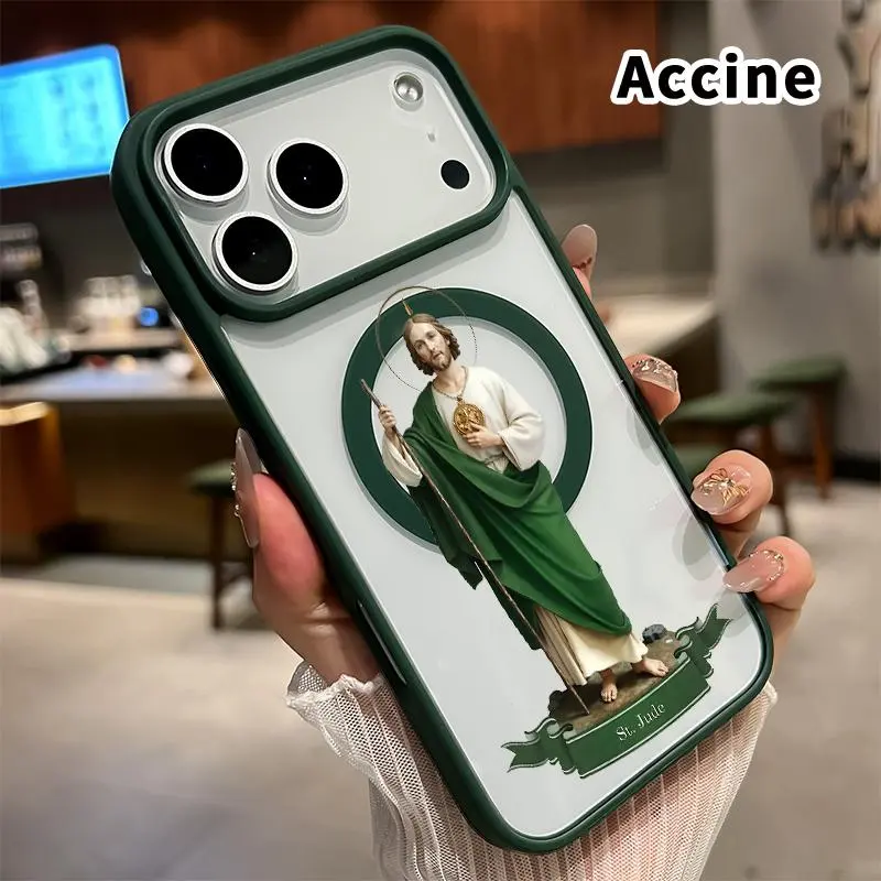 Magnetic Smartphone Casing foriPhone 18 Pro Max 17 16 Plus 15 14 13 12 11 XR Air E Saint Jude Statue Pattern, Non-Yellowing, Shockproof Soft Silicone Transparent Acrylic, Wireless Charging Support, Cellphone Device Protection, Devices
