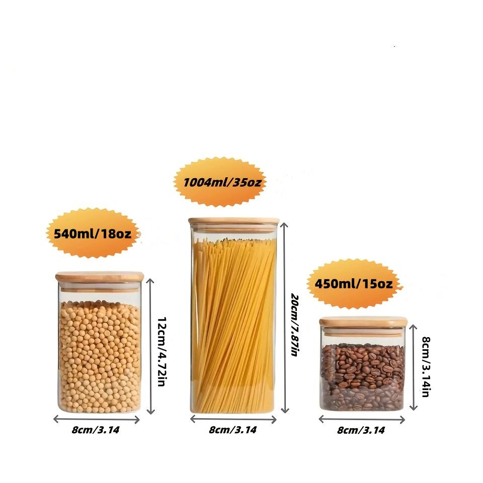 Square Glass Sealed Jars Set, Kitchen Organizer with Bamboo Lids, Multi-Capacity Storage Containers, Food Storage Jar, Coffee Spice Candy Pasta Decor