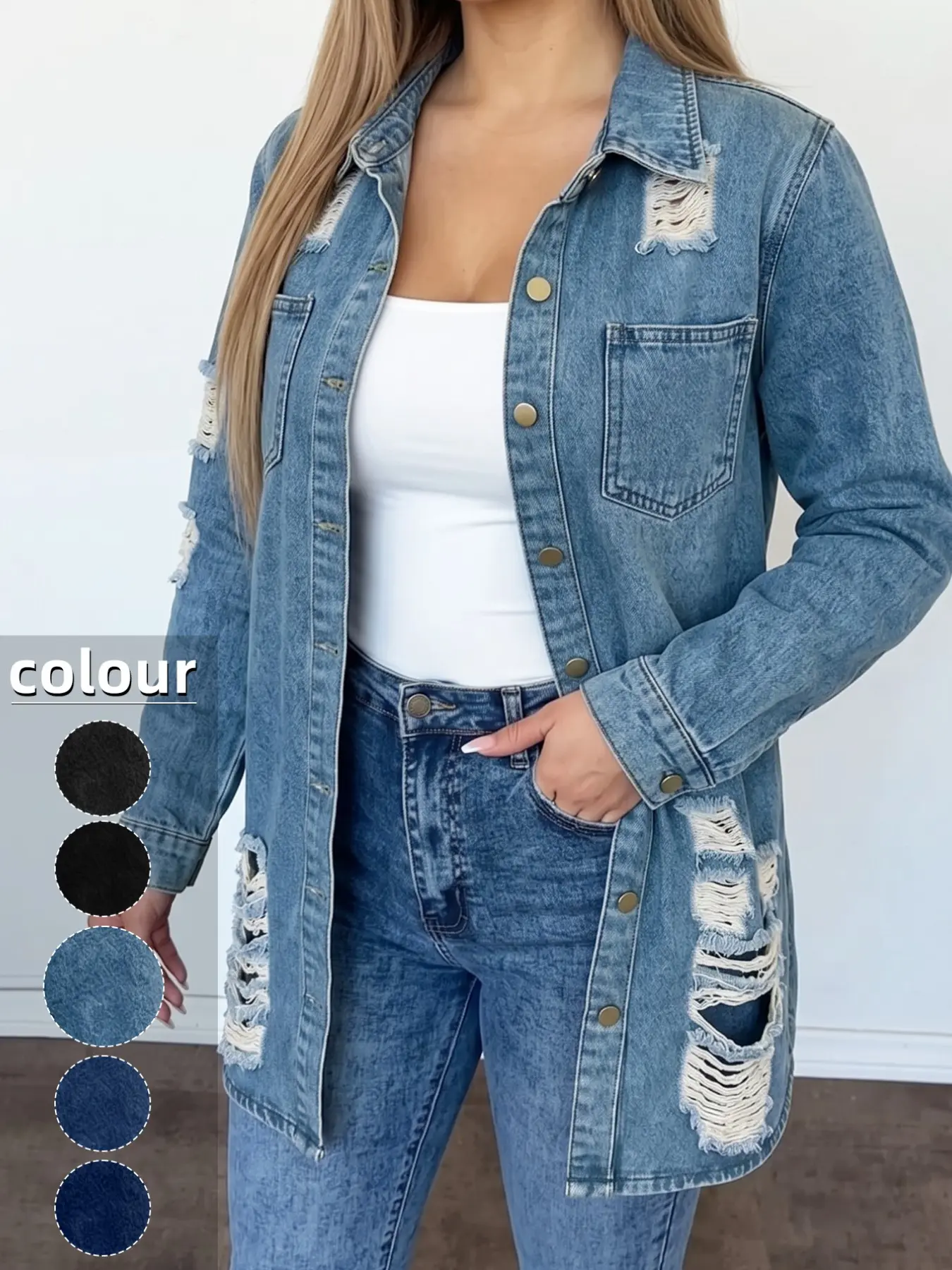 Women's Medium Blue Wash Long Sleeve Denim Jacket, Distressed Ripped Frayed Vintage Style, Casual Loose Longline Jacket for All Seasons