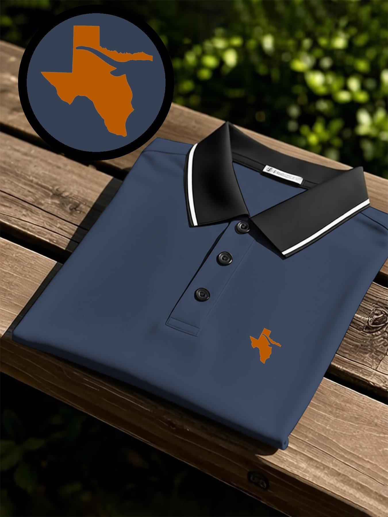 Men's quick-dry short-sleeve polo shirt with Texas longhorn print design. Breathable and comfortable for sports wear, fade-resistant, tailored for a body-hugging fit, sweat-wicking, non-sticky and durably crafted.