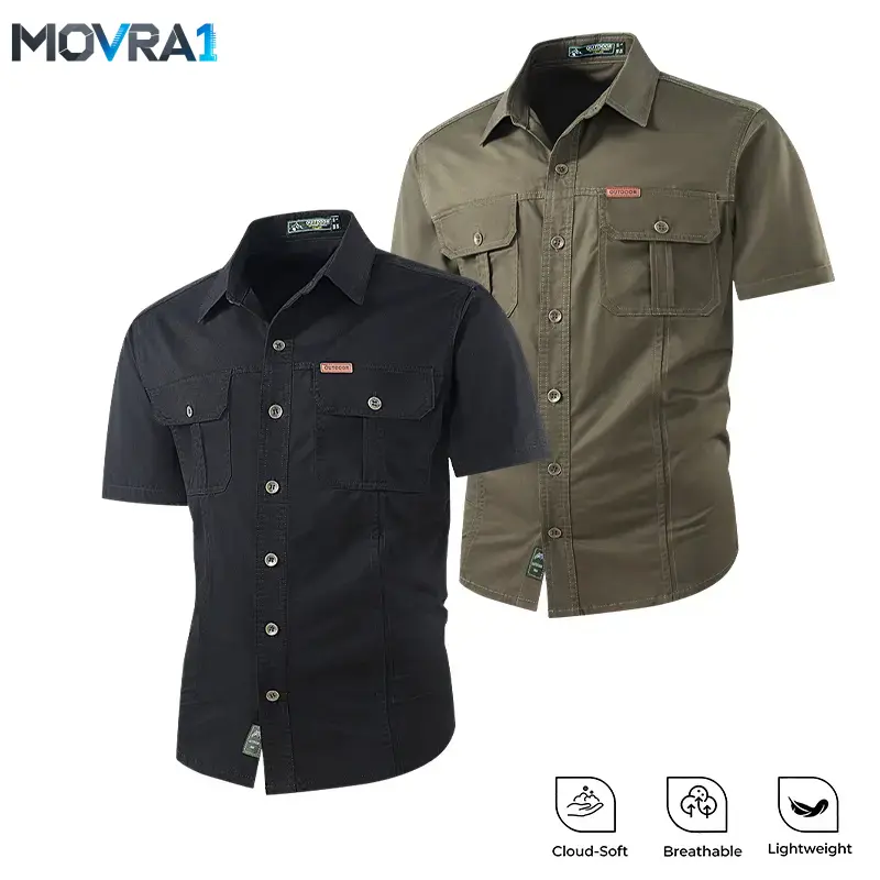 MOVRA1 Mens 2-Pack 100% Cotton Short-Sleeve Loose-Fit Cargo Shirts - Cloud-Soft, Breathable, Lightweight, Wind-Resistant, Durable Work Tops with Chest Pockets, 3D-Tailored Stylish Casual Shirts for Hiking, Daily Wear (Auto Solid Color, Machine Washable)