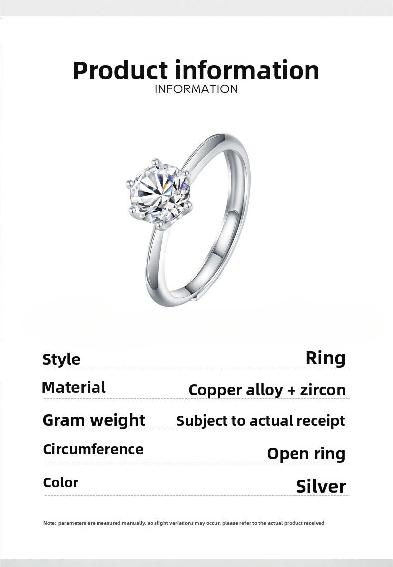 Classic six-prong imitation moissanite adjustable ring for women, high-end copper alloy, simple and stylish, popular cross-border foreign trade item