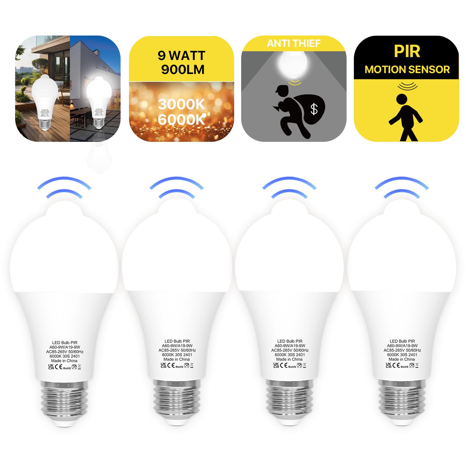 4-Pack Motion Sensor LED Light Bulbs A19 E26 9W PIR Built-in IR 6000K Cool White，60watt Equivalent Bright 900 Lumens for Garage, Closet,Porch, Stairs