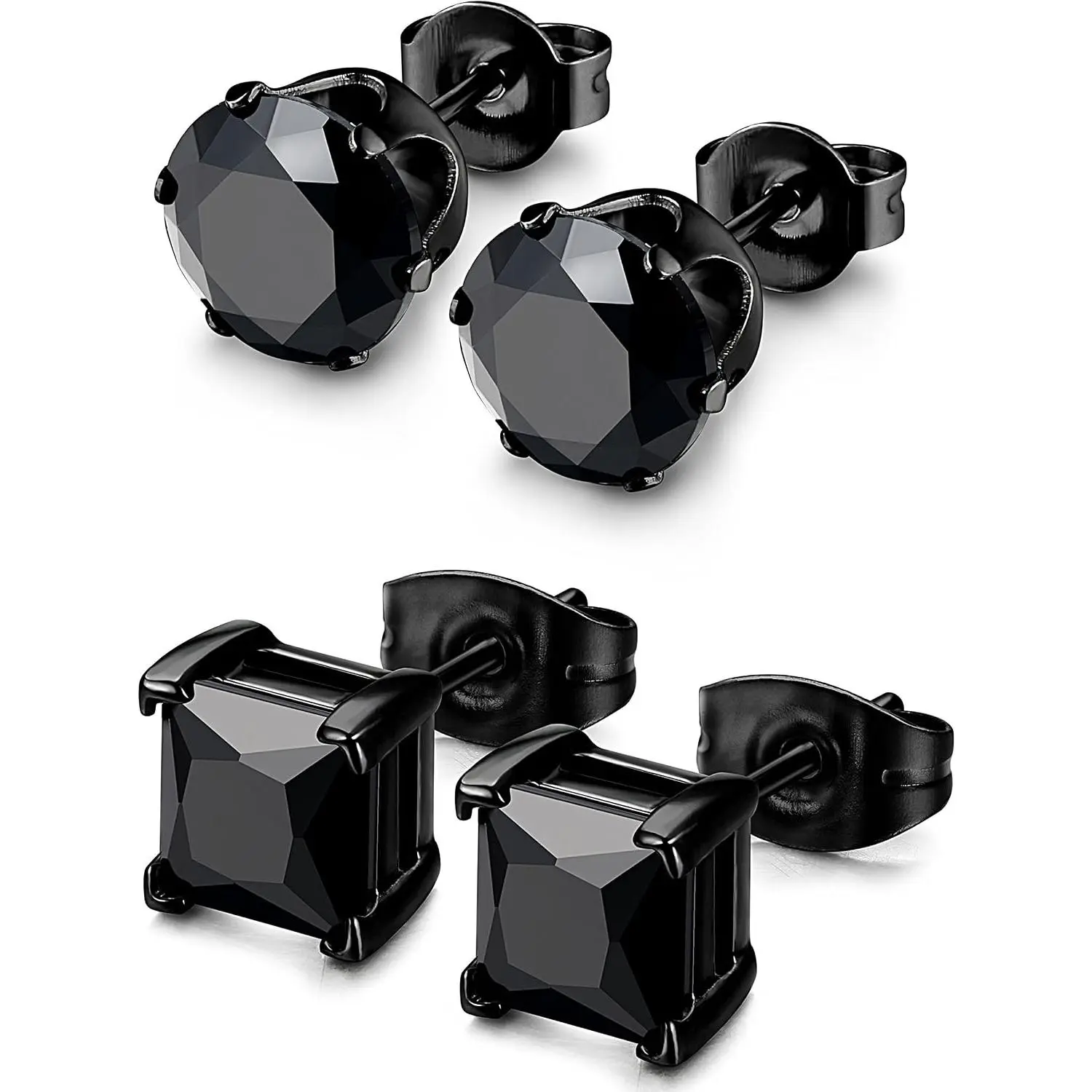 2 Pairs Hypoallergenic Black Stud Earrings for Men Women 3-8MM | 316L Stainless Steel Square Round Cubic Zirconia Studs Jewelry Set for Sensitive Ears Men's Jewelry GiftGift