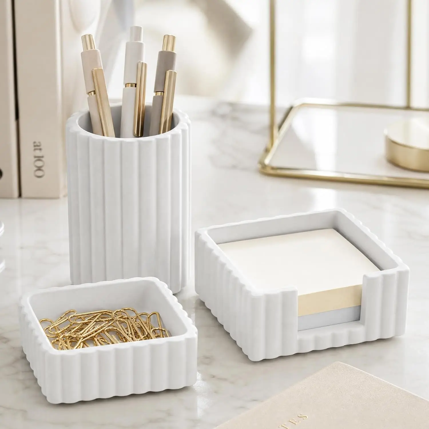 Modern Aesthetic Desk Accessories Set of 3 - Stylish Concrete Organizers | For Pens and Office Supplies - A Cute and Functional Addition to Your Workspace Decor