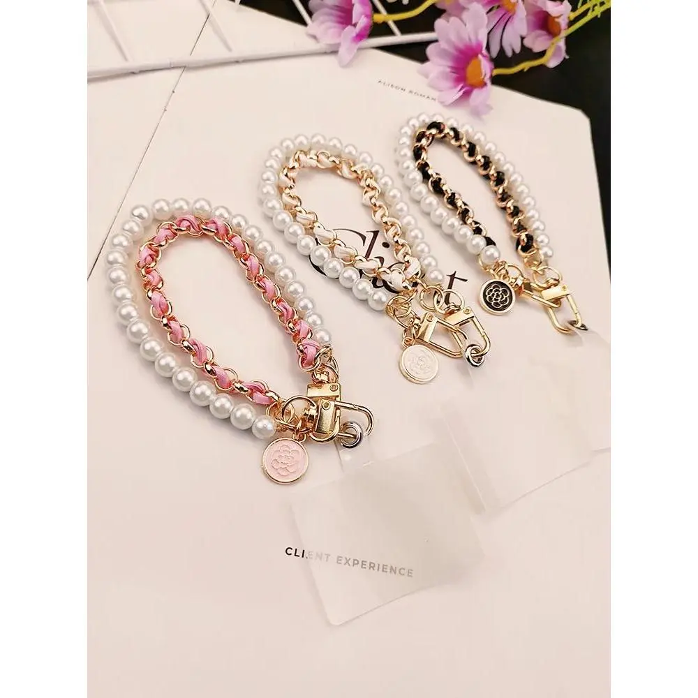 Leather Pearl Camellia Phone Charm Bracelet Chain, Anti-Lost Universal Smartphone Cellphone Strap Rope Pendant for iPhone, Samsung Mobile Phone Accessories