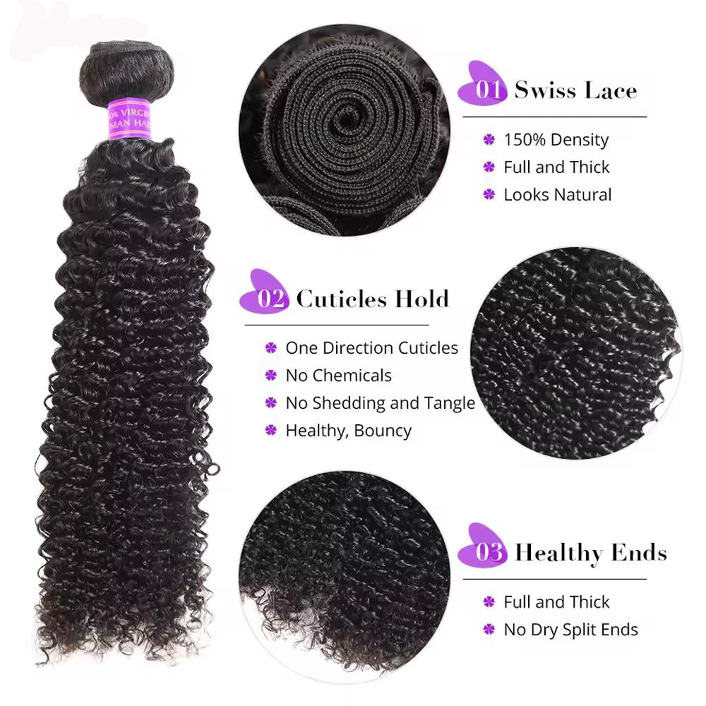 Kinky Curly Hair Bundles With Closure Virgin Human Hair Weave Bundles 10-28 Inches Natural Color Remy Hair Weave Extensions 100g/pc