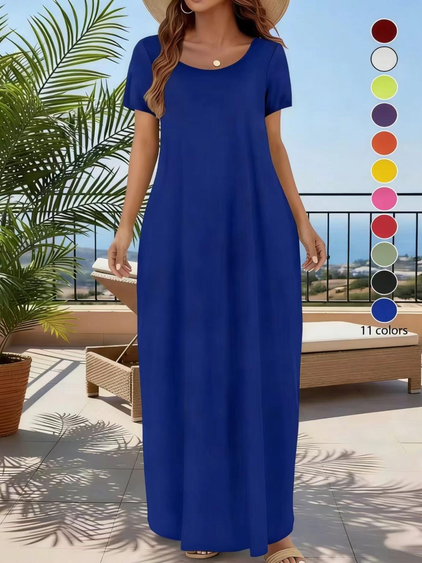 Women's Casual Commuter Plain Minimalist Short Sleeve Dress with Pockets, Loose Fit Summer & Fall, Essential Beachwear