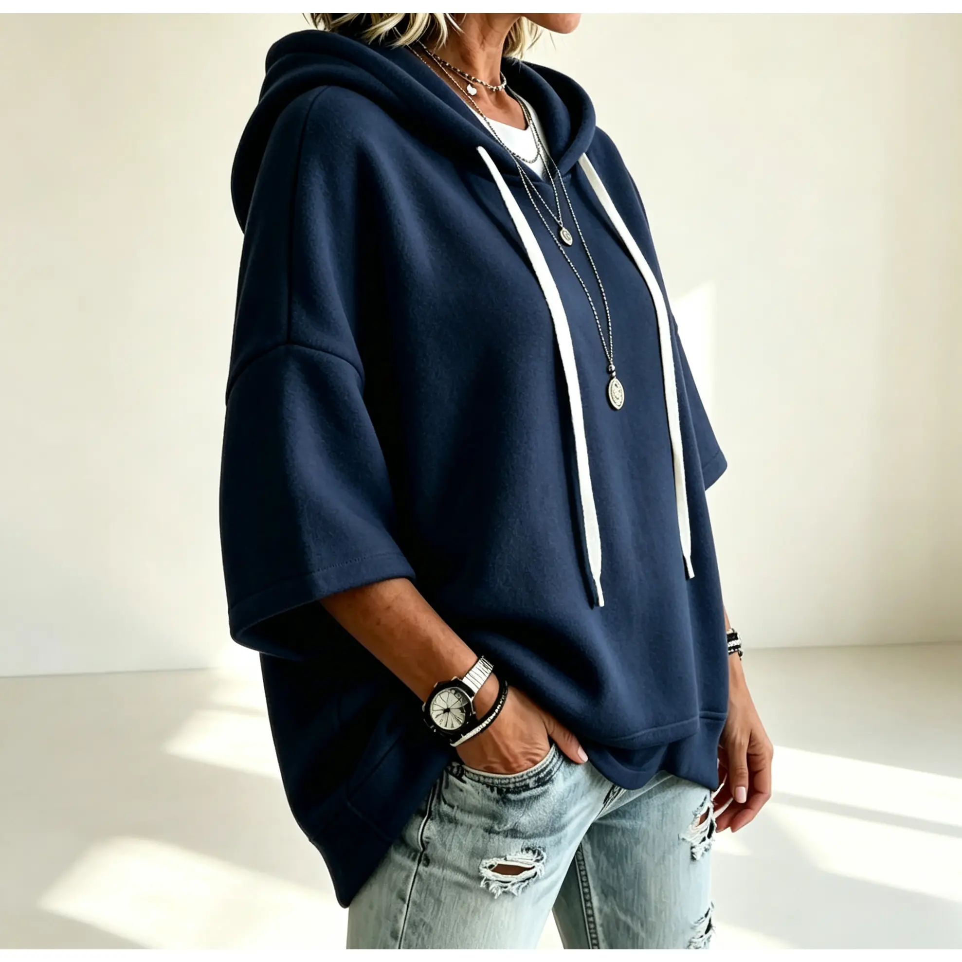Women Summer Casual Hooded Sweatshirt Short Sleeve Oversized Pullover Loose Fit Drop Shoulder Drawstring Hoodie
