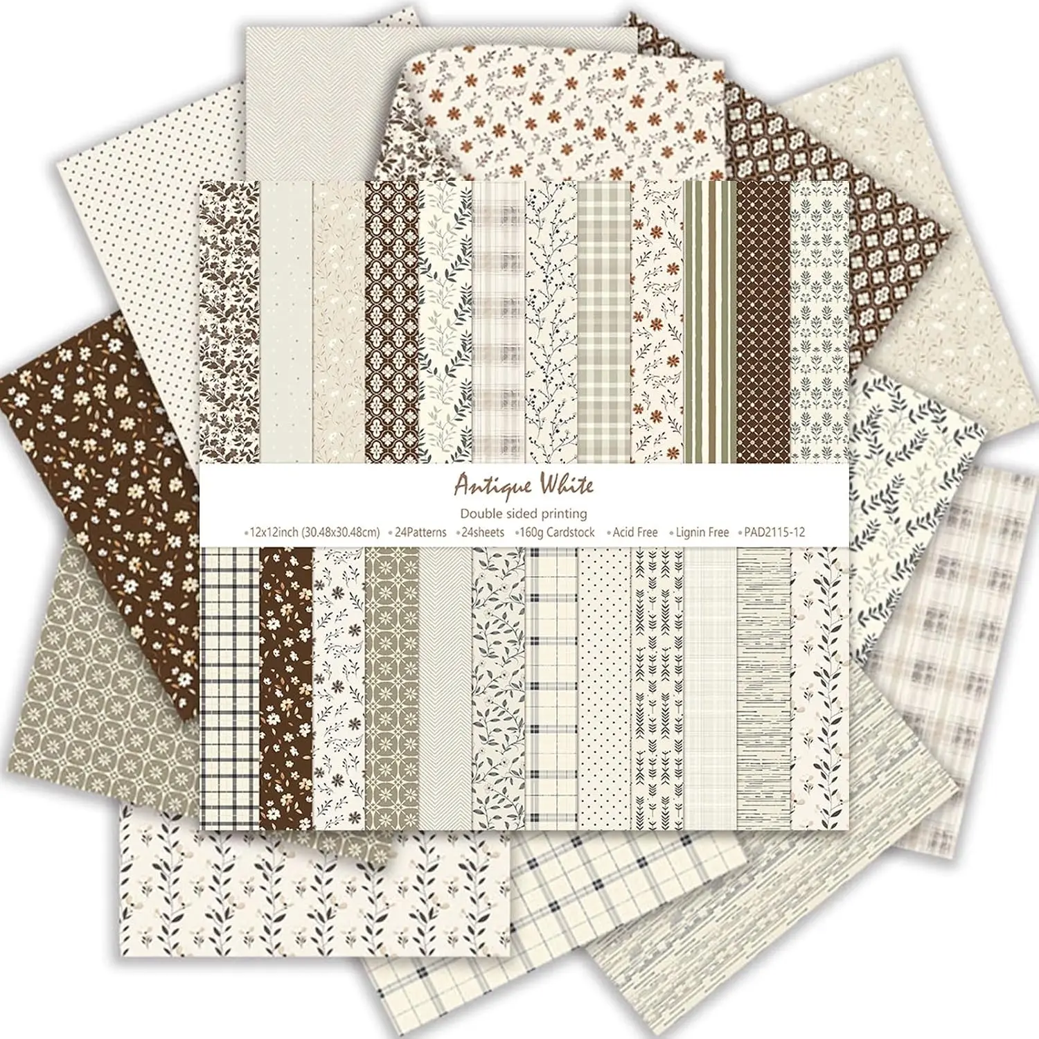 Boho Scrapbook Paper 12x12 - 24 Sheets Flower Patterned Cardstock Paper Pads,Coloured Double-Sided Decorative Craft Papers Pack for Scrapbooking, Junk Journaling, and Card Making (Antique White)