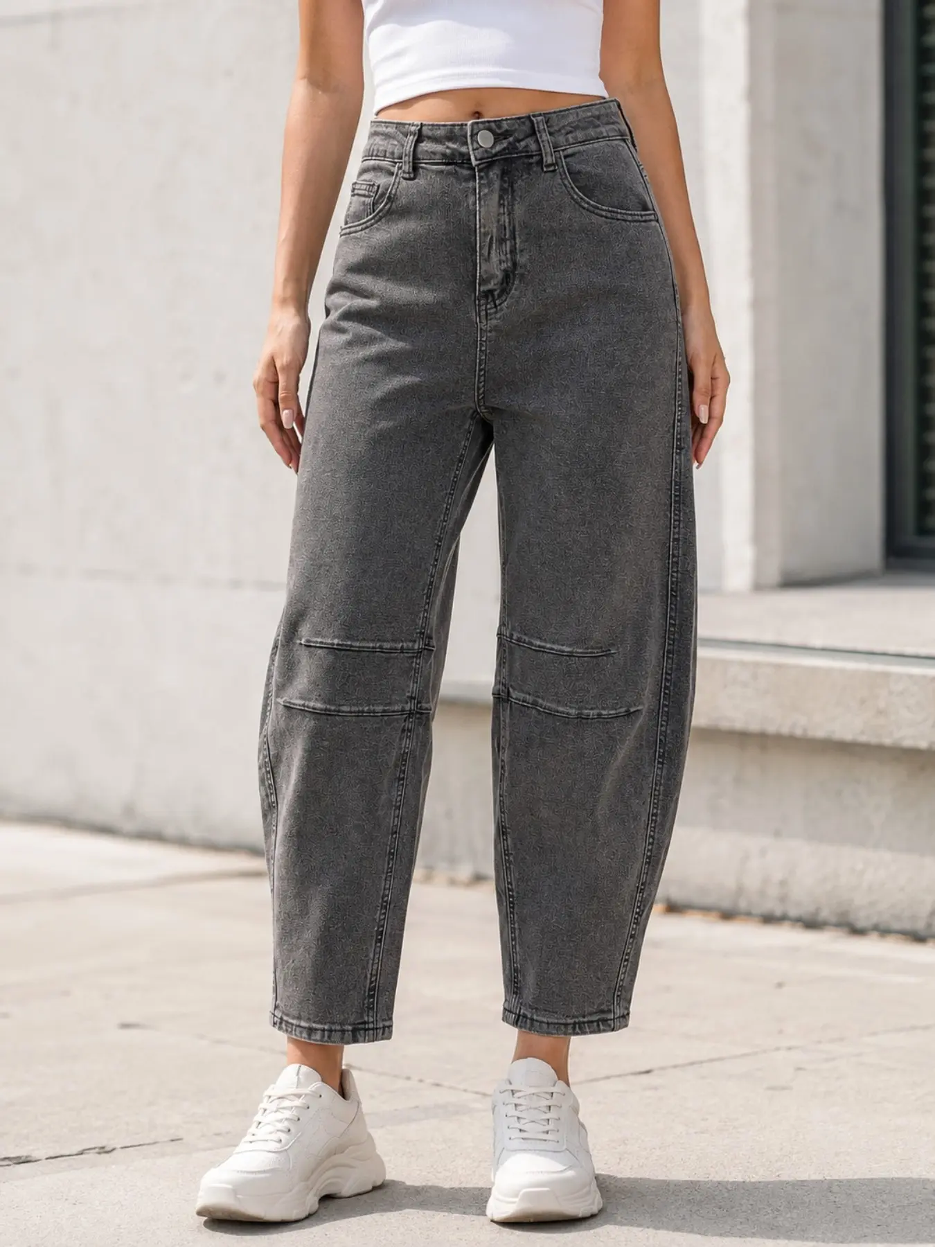 Women's High Waist Washed Carrot Leg Jeans, Knee Patch Design, Fall Winter Casual Loose Ankle Denim Jeans, Retro Style