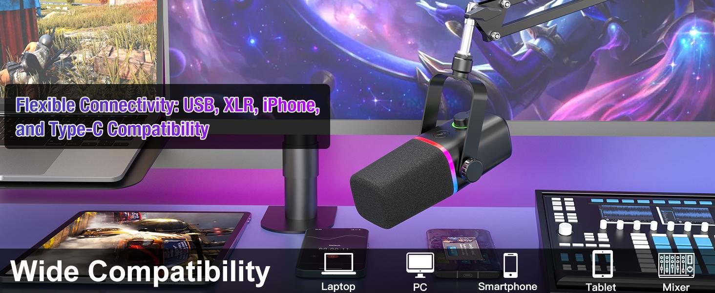 ZealSound XLR/USB Dynamic Microphone with Boom arm stand for Gaming Podcasting,Mic for iPhone Phone PC Computer laptop mixer sound card, live Streaming Mic with RGB Light,Mute Button,Mic Gain,Headphones Jack, Stand, Singing YouTube Smartphone Recording